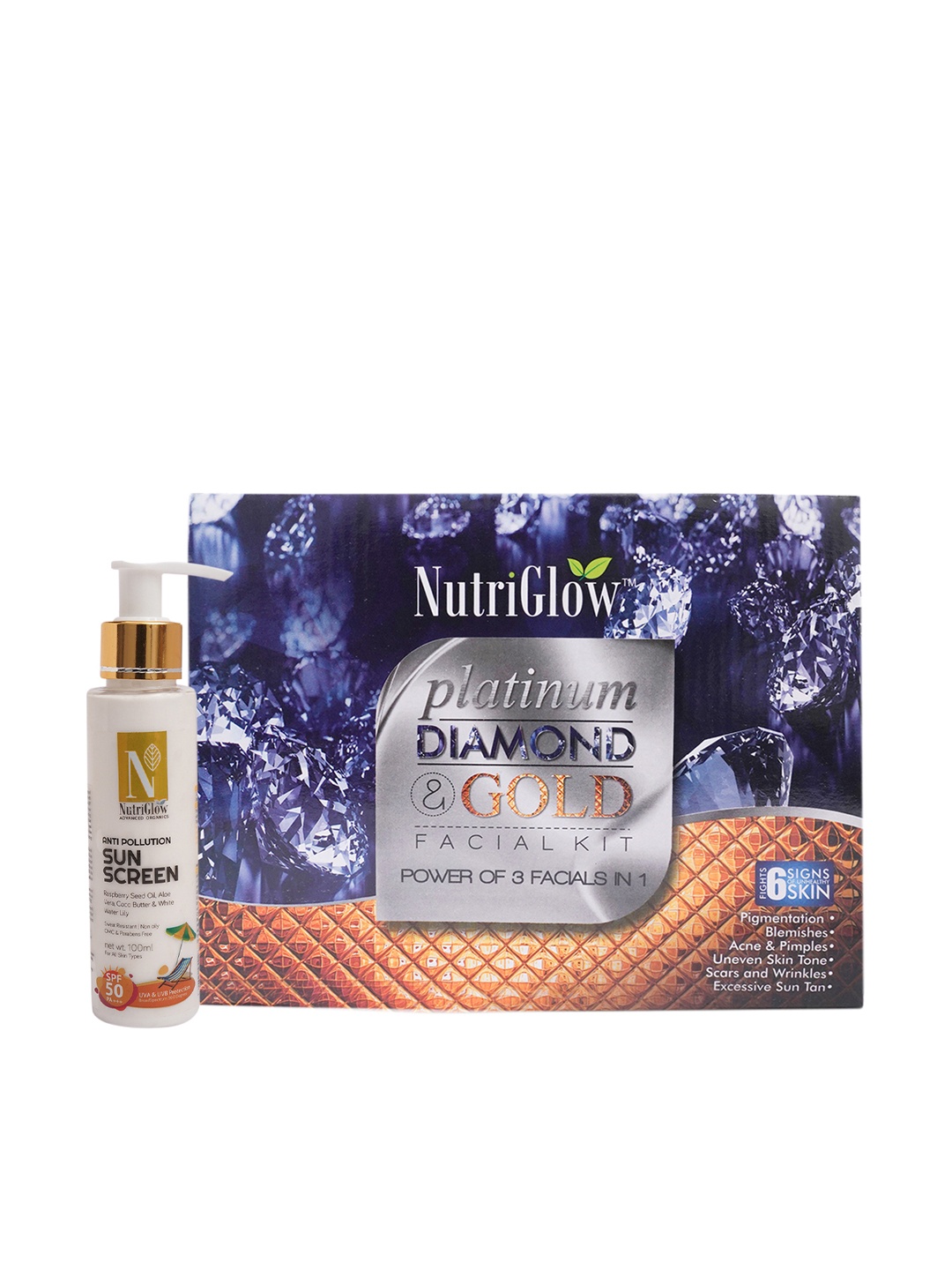 NutriGlow Platinum Diamond & Gold Facial Kit & Anti Pollution Sunscreen SPF 50 PA+++, Multi
NutriGlow Platinum Diamond & Gold Facial Kit & Anti Pollution Sunscreen SPF 50 PA+++, Multi