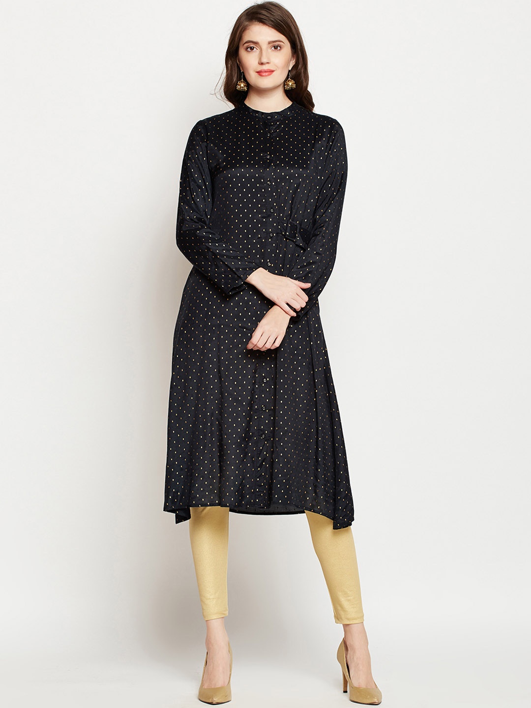 RARE Women Black & Gold-Toned Woven Design A-Line Kurta