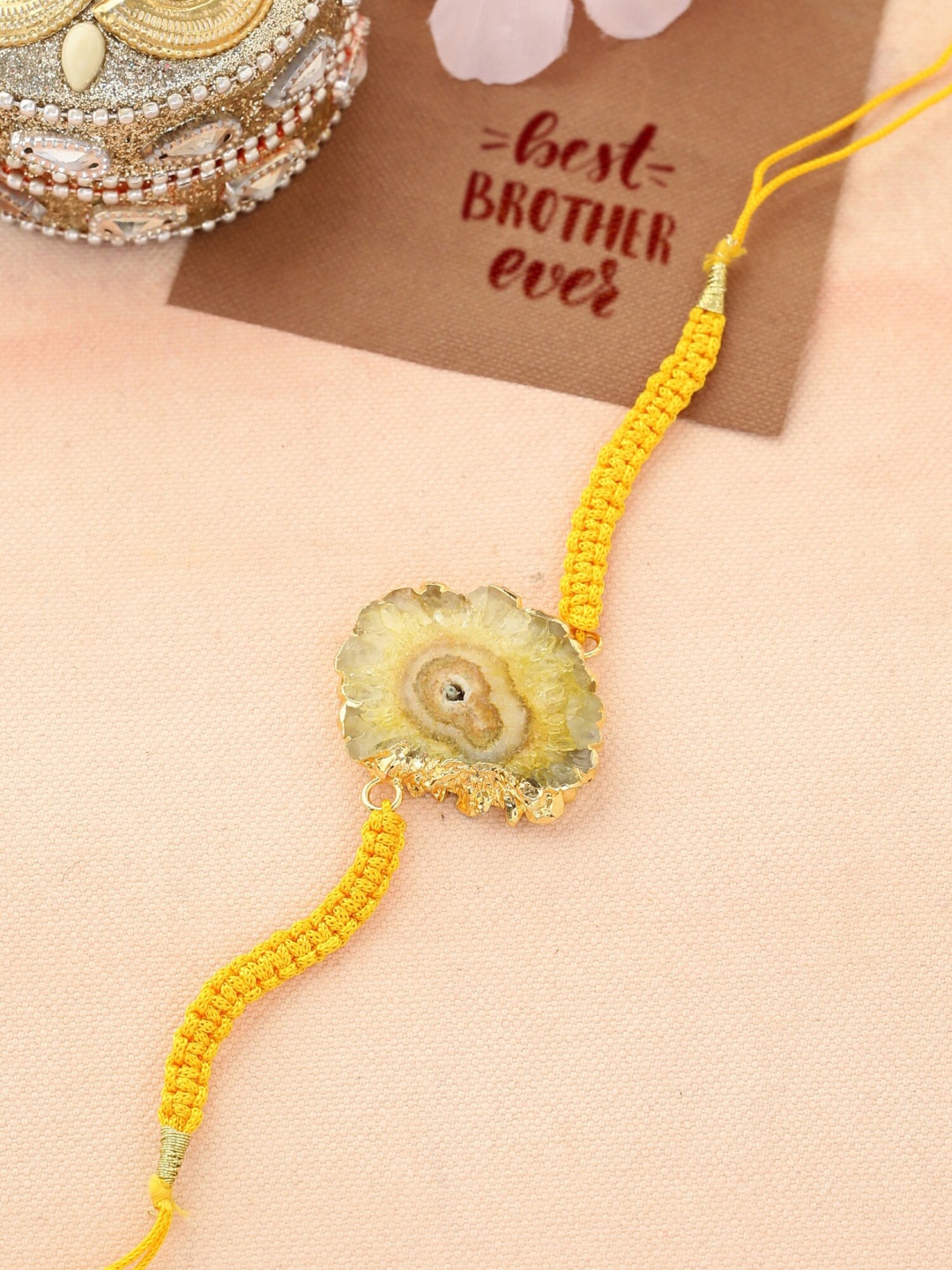 Shoshaa Men Yellow Fabric Gold-Plated Agate Stone Designer Rakhi