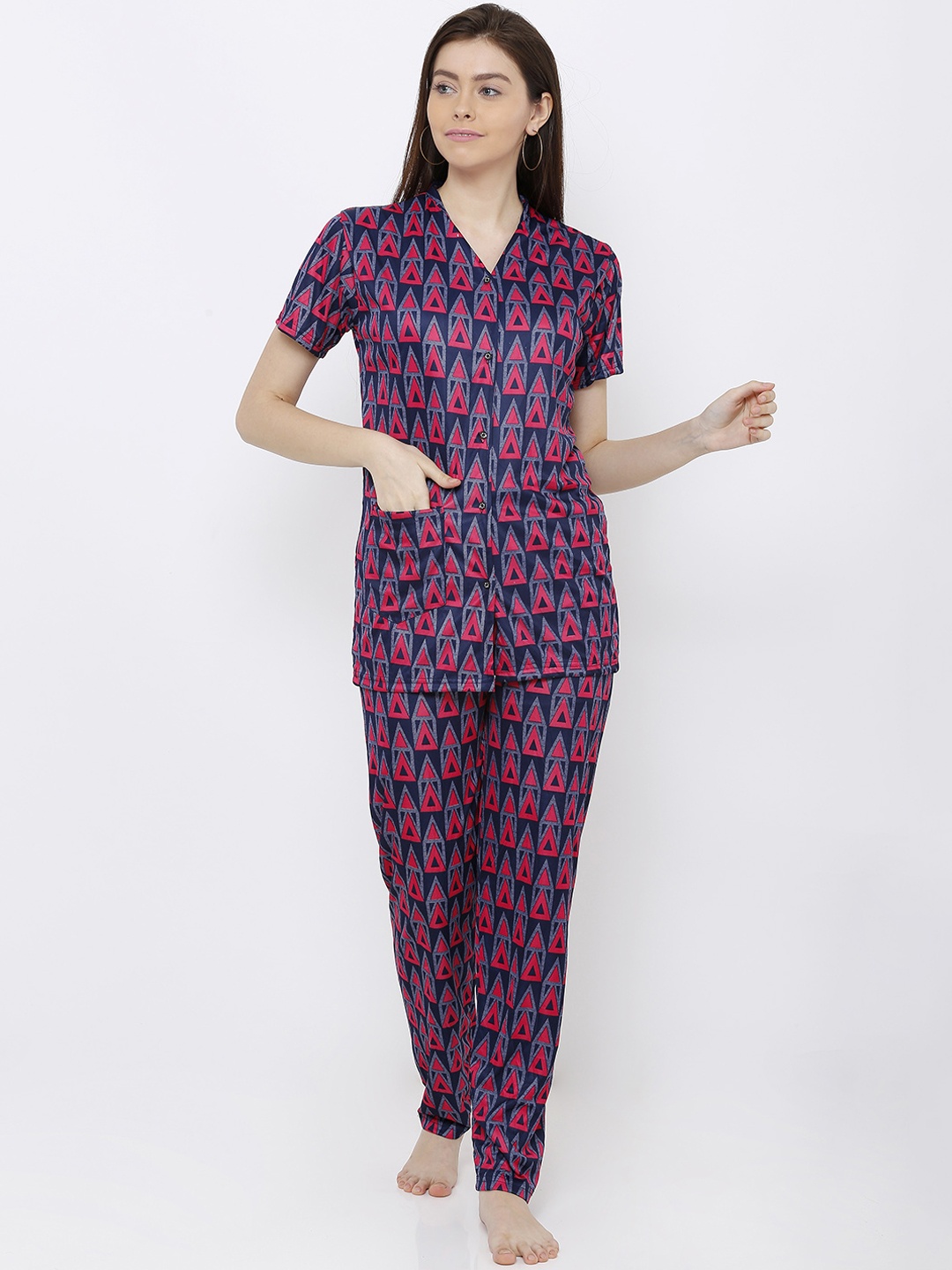 Pretty Awesome Women Pink & Blue Printed Night Suit