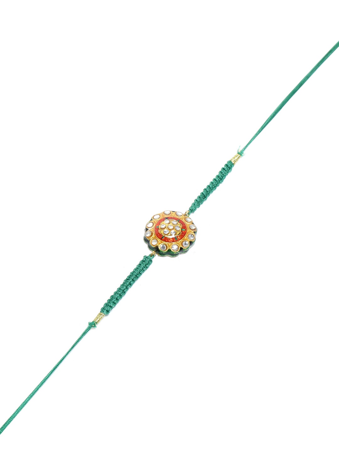 Shoshaa Men Green & Red Fabric Handcrafted Kundan Meenakari Reversible Bhai Rakhi