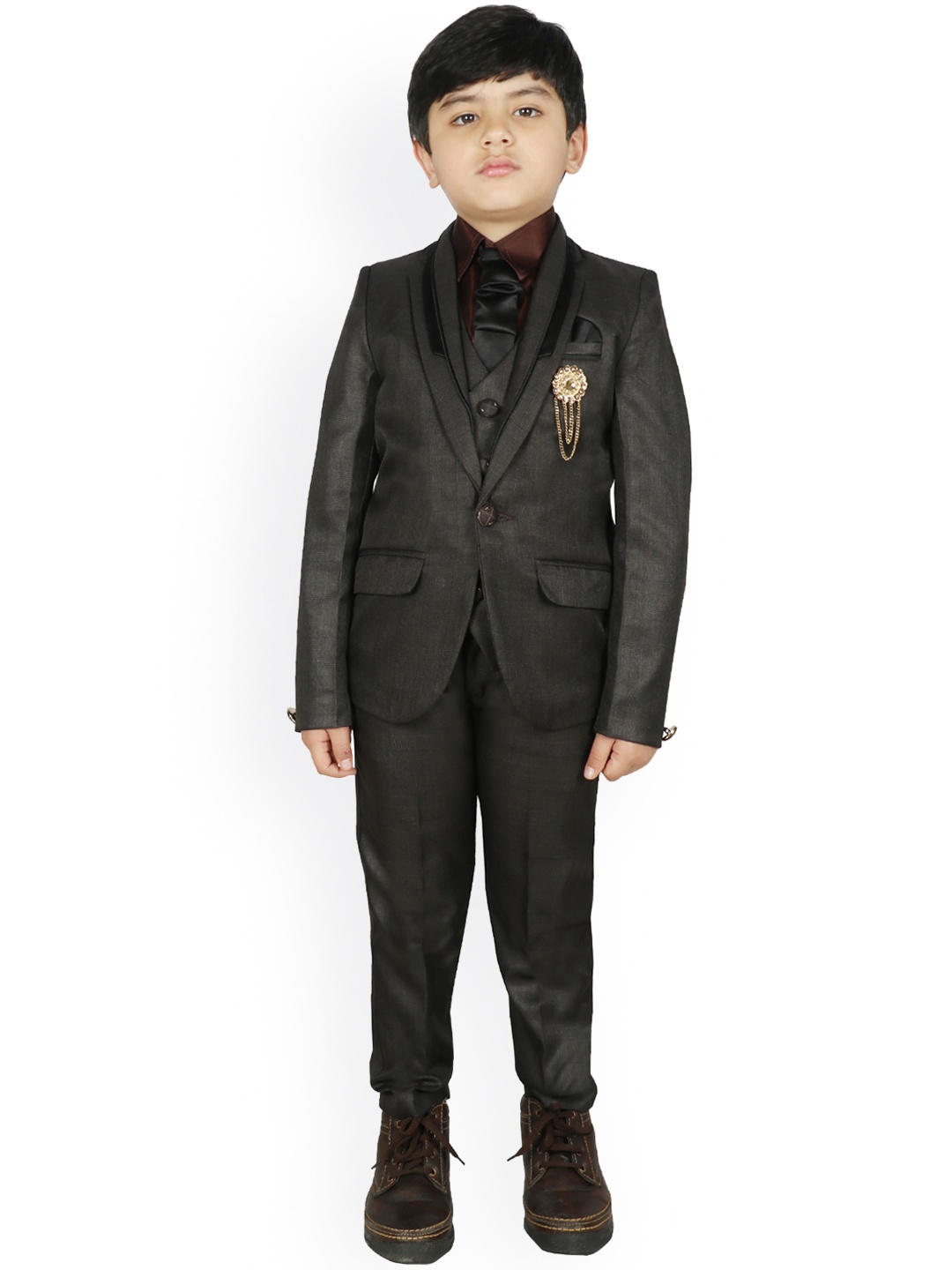 SG YUVRAJ Boys Black & Brown Self Design Single-Breasted Party Suit