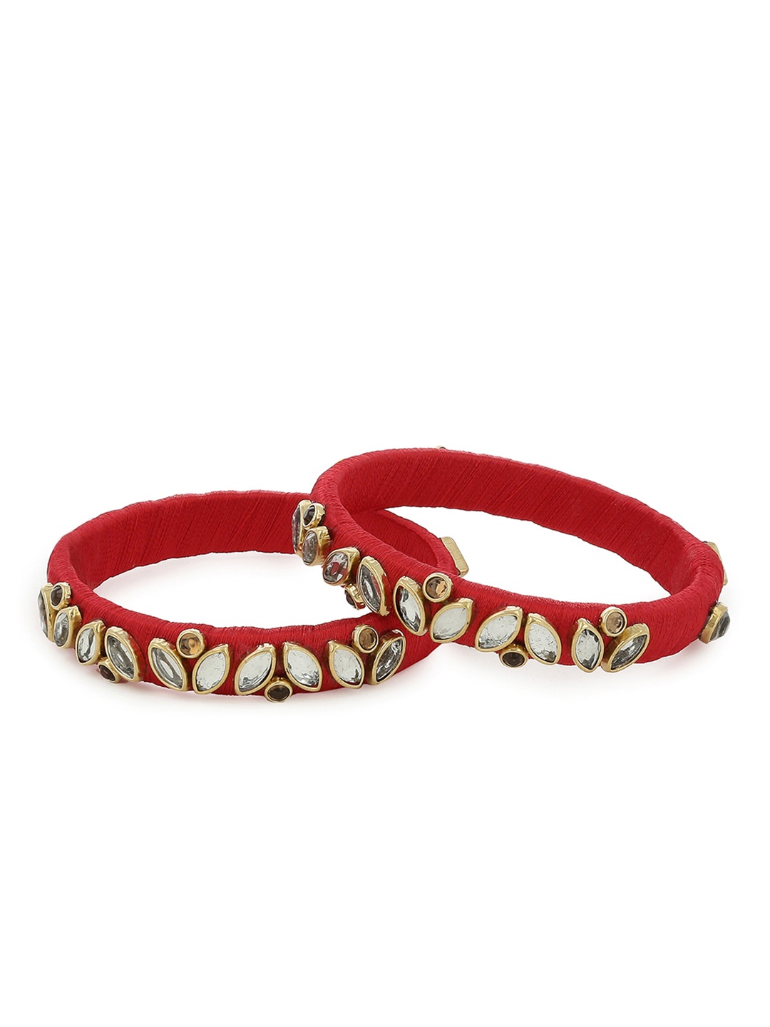 AKSHARA Girls Set of 2 Red & White Kundan-Studded Handcrafted Silk Thread Bangles