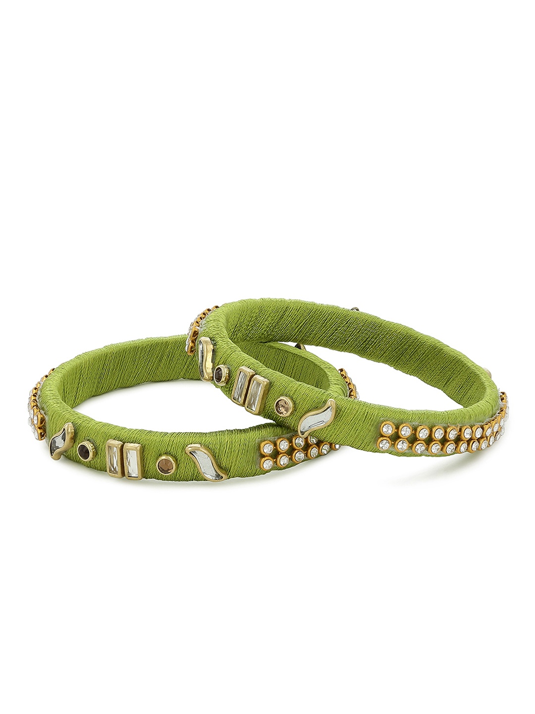 AKSHARA Girls Set of 2 Green & White Kundan-Studded Handcrafted Silk Thread Bangles