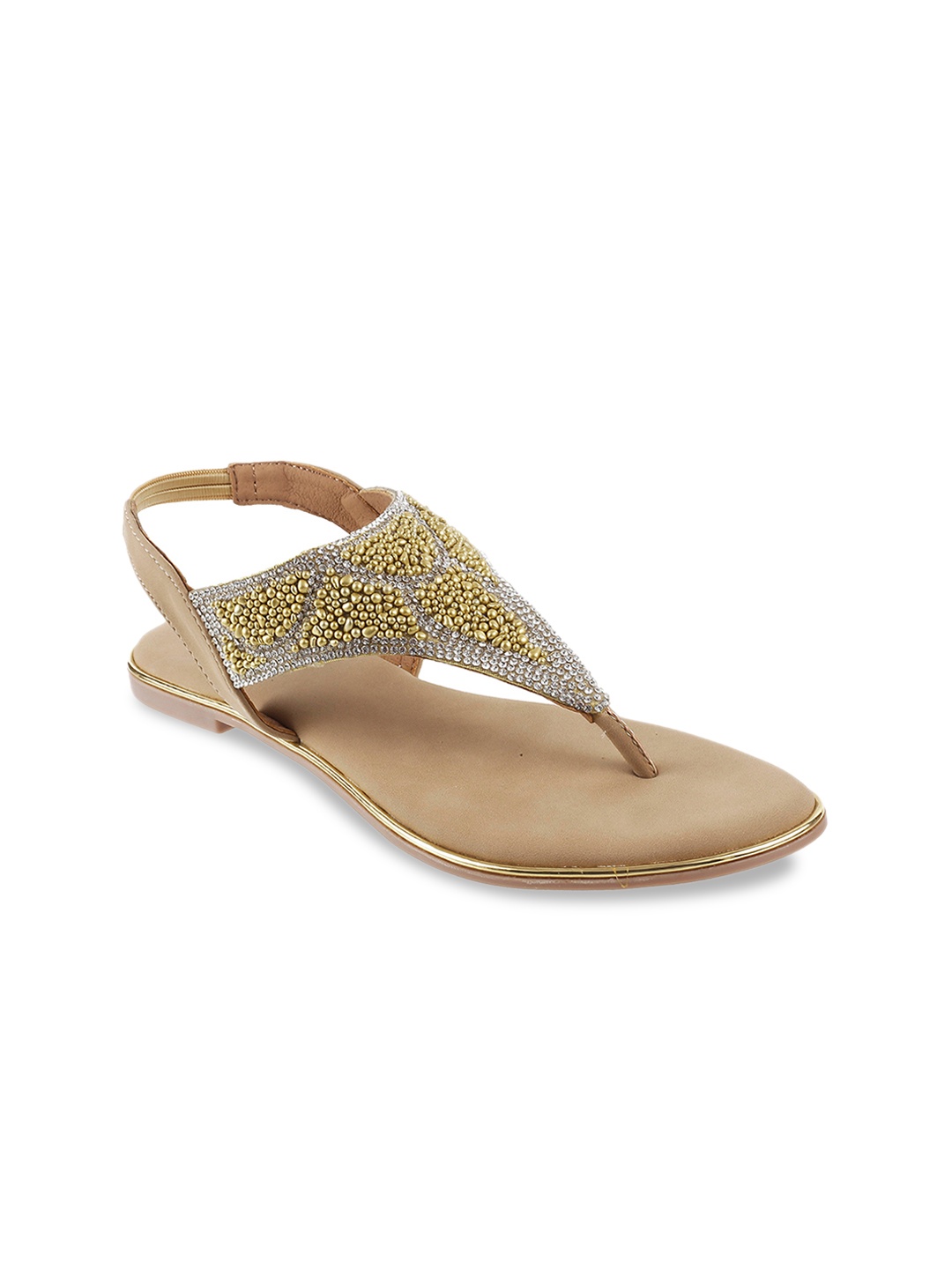 Metro Women Gold & Silver Embellished T-Strap Flats