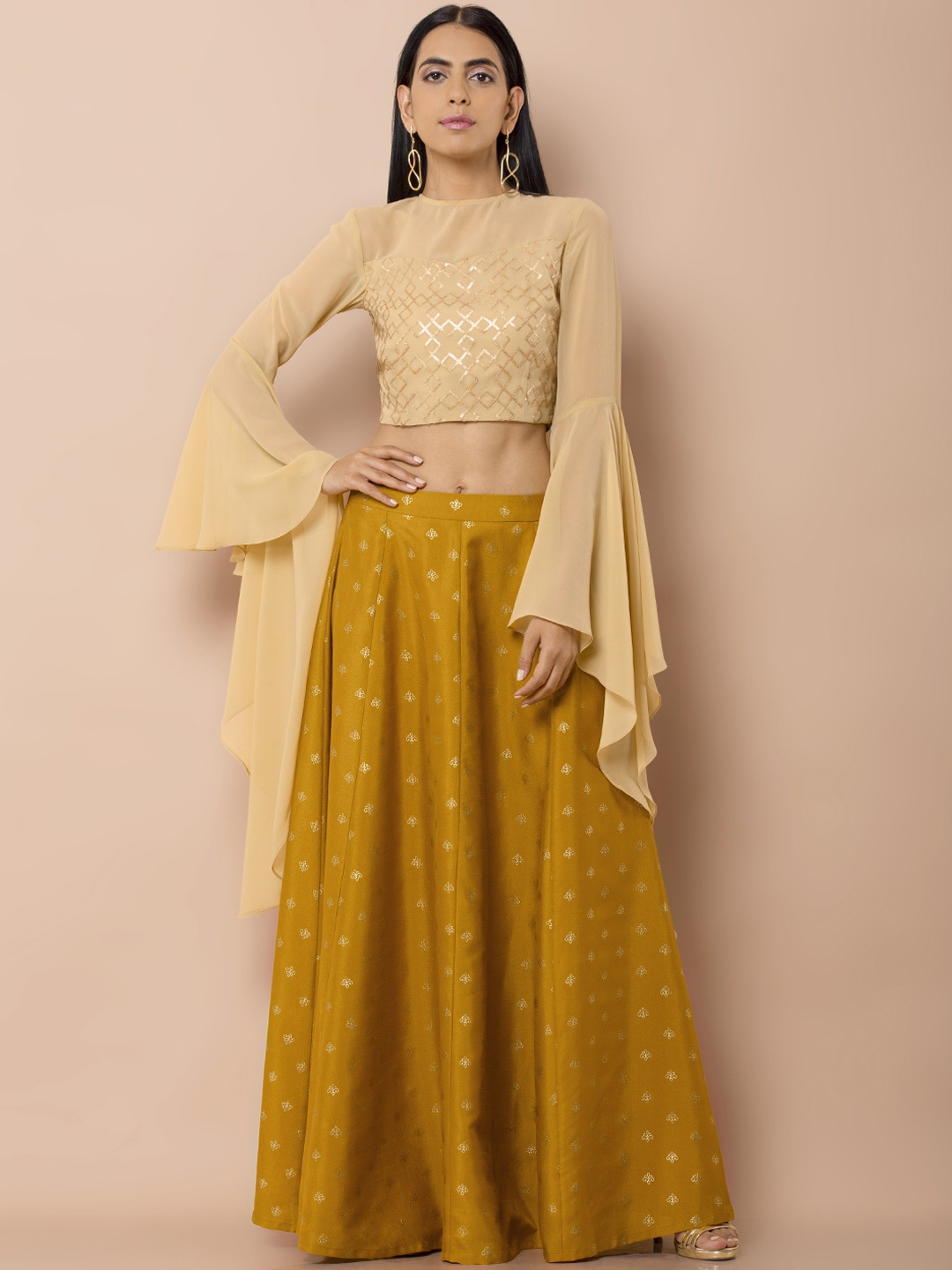 INDYA Women Beige & Gold Sequinned Crop Top with Elongated Sleeves