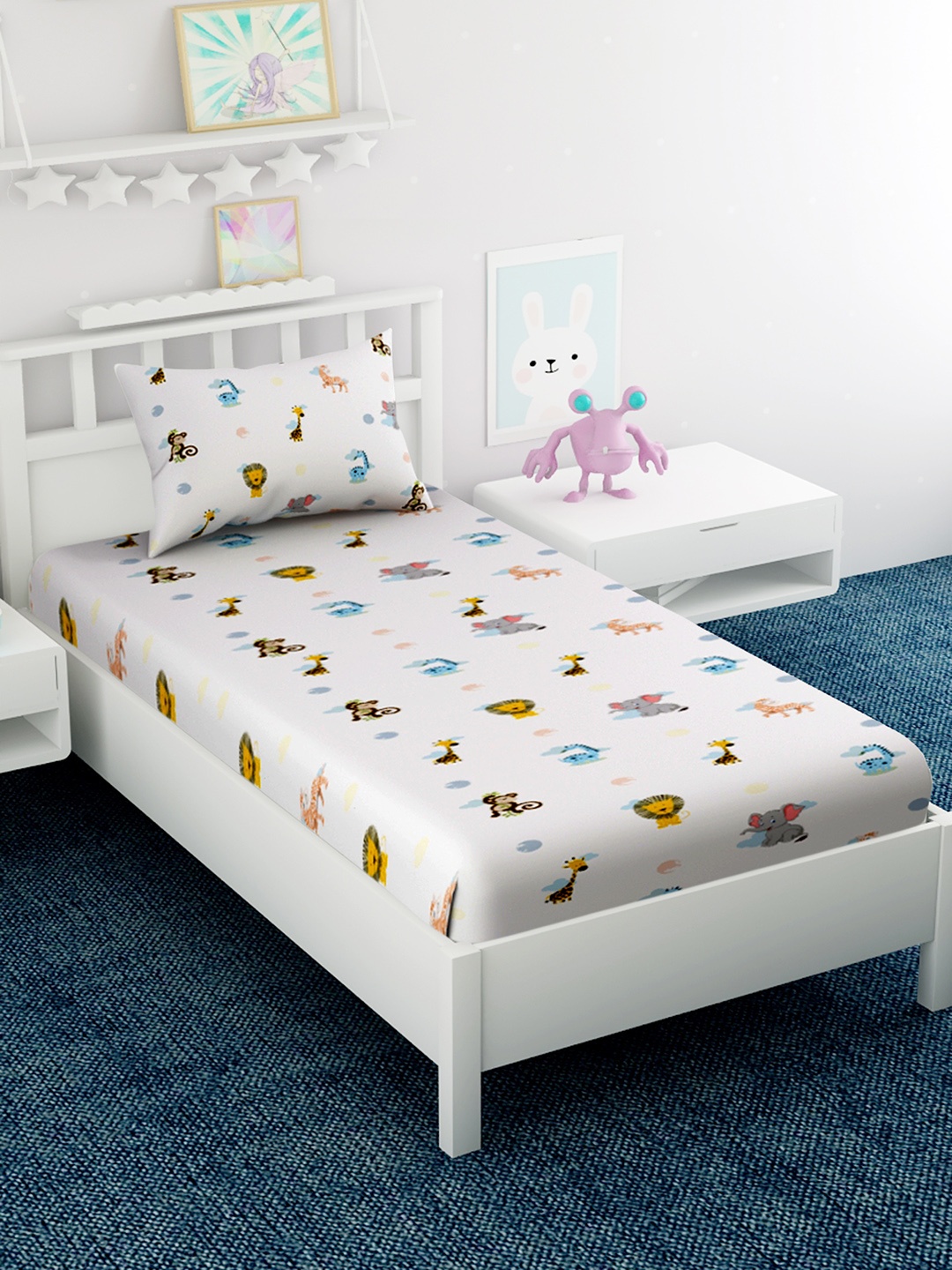 EverHOME White Cartoon Characters 210 TC Cotton 1 Single Bedsheet with 1 Pillow Covers