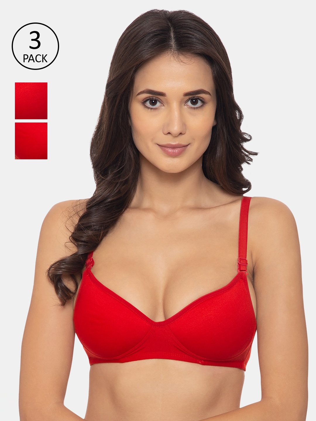 Souminie Pack of 3 Red Solid Non-Wired Lightly Padded T-shirt Bras