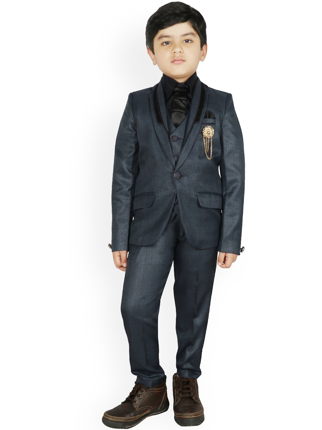 SG YUVRAJ Boys Navy Blue Self-Design Single-Breasted Partywear Suit Set