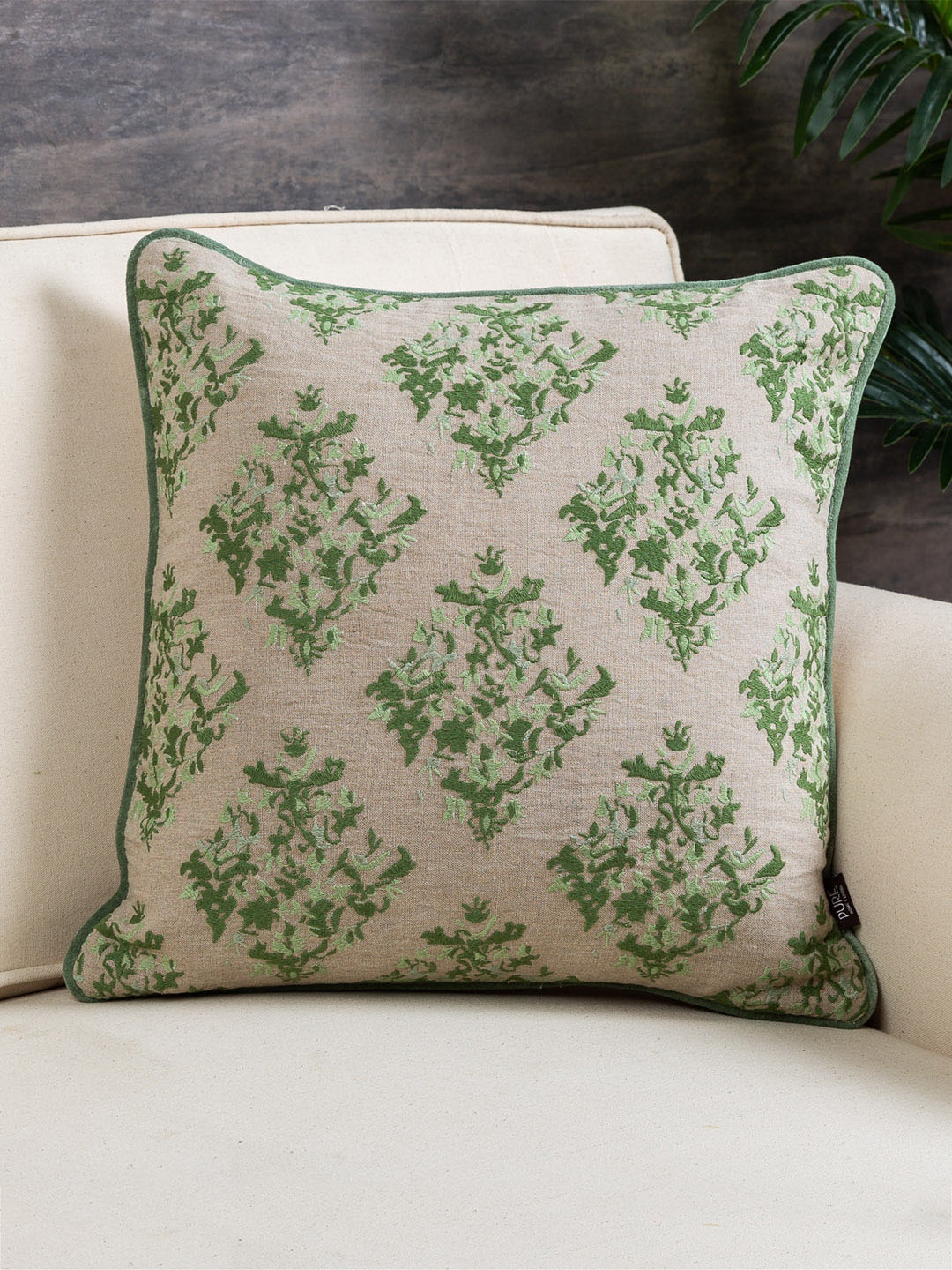 Pure Home and Living Embroidered Linen Square Cushion Covers, Beige