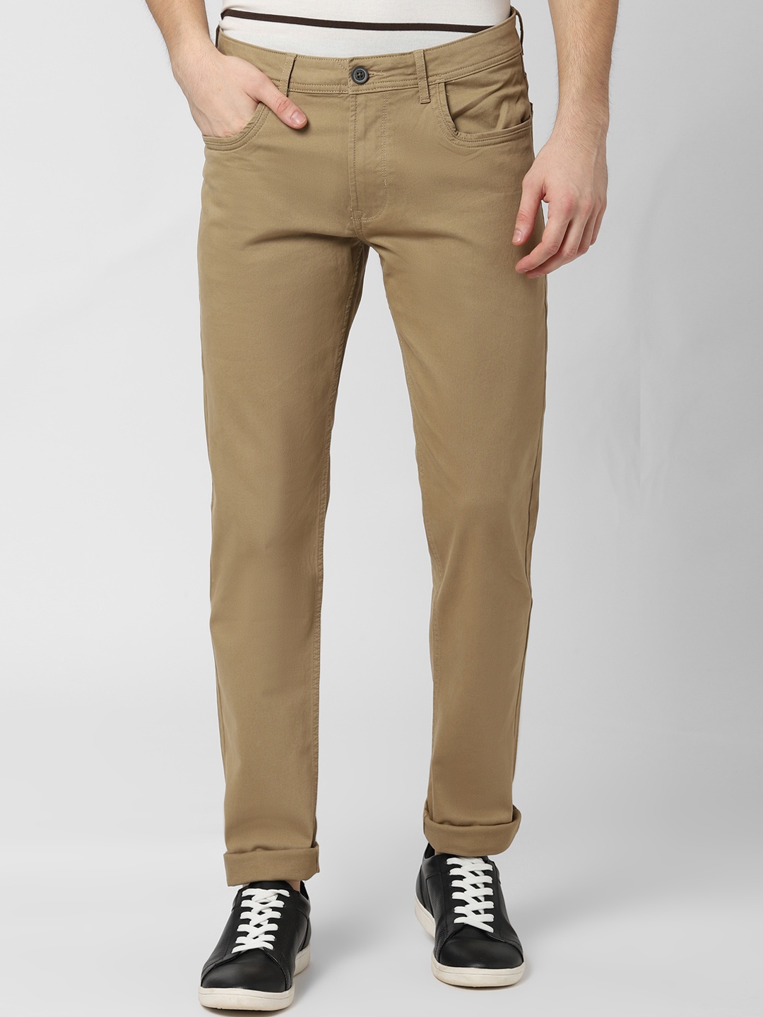 Peter England Casuals Men Beige Slim Fit Solid Regular Trousers
