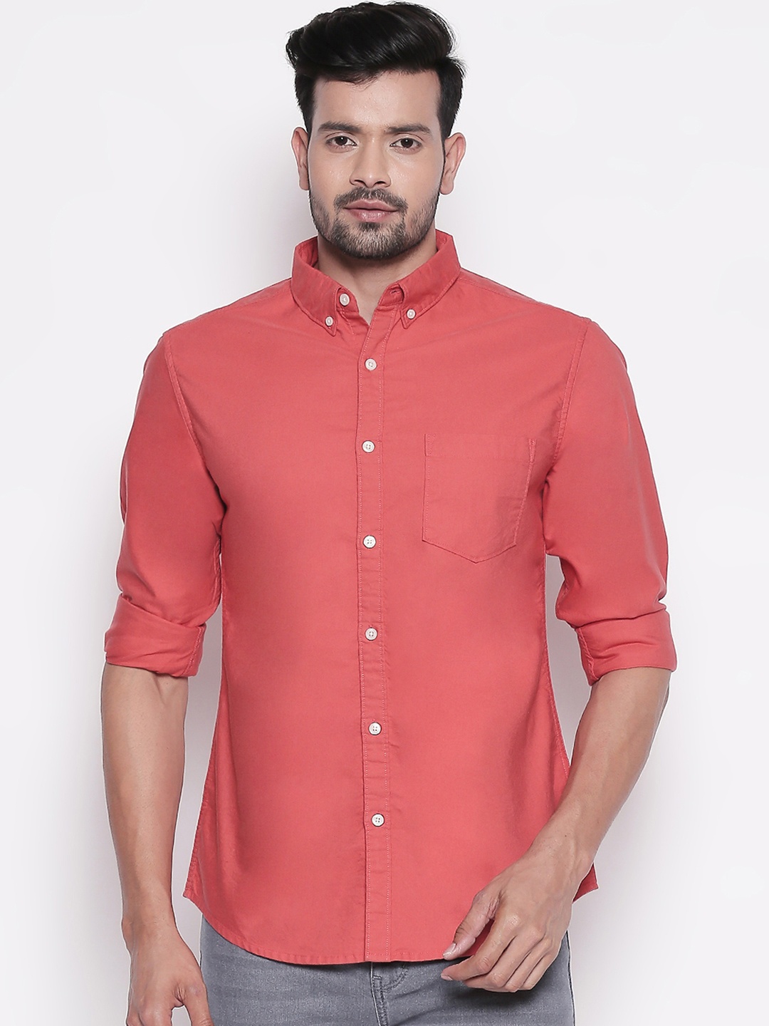 BYFORD by Pantaloons Men Coral Pink Slim Fit Solid Casual Shirt