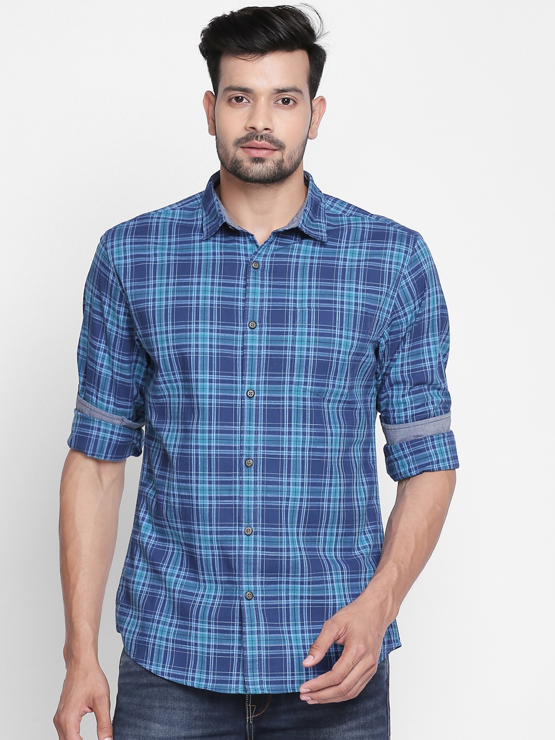 BYFORD by Pantaloons Men Blue Slim Fit Checked Casual Shirt