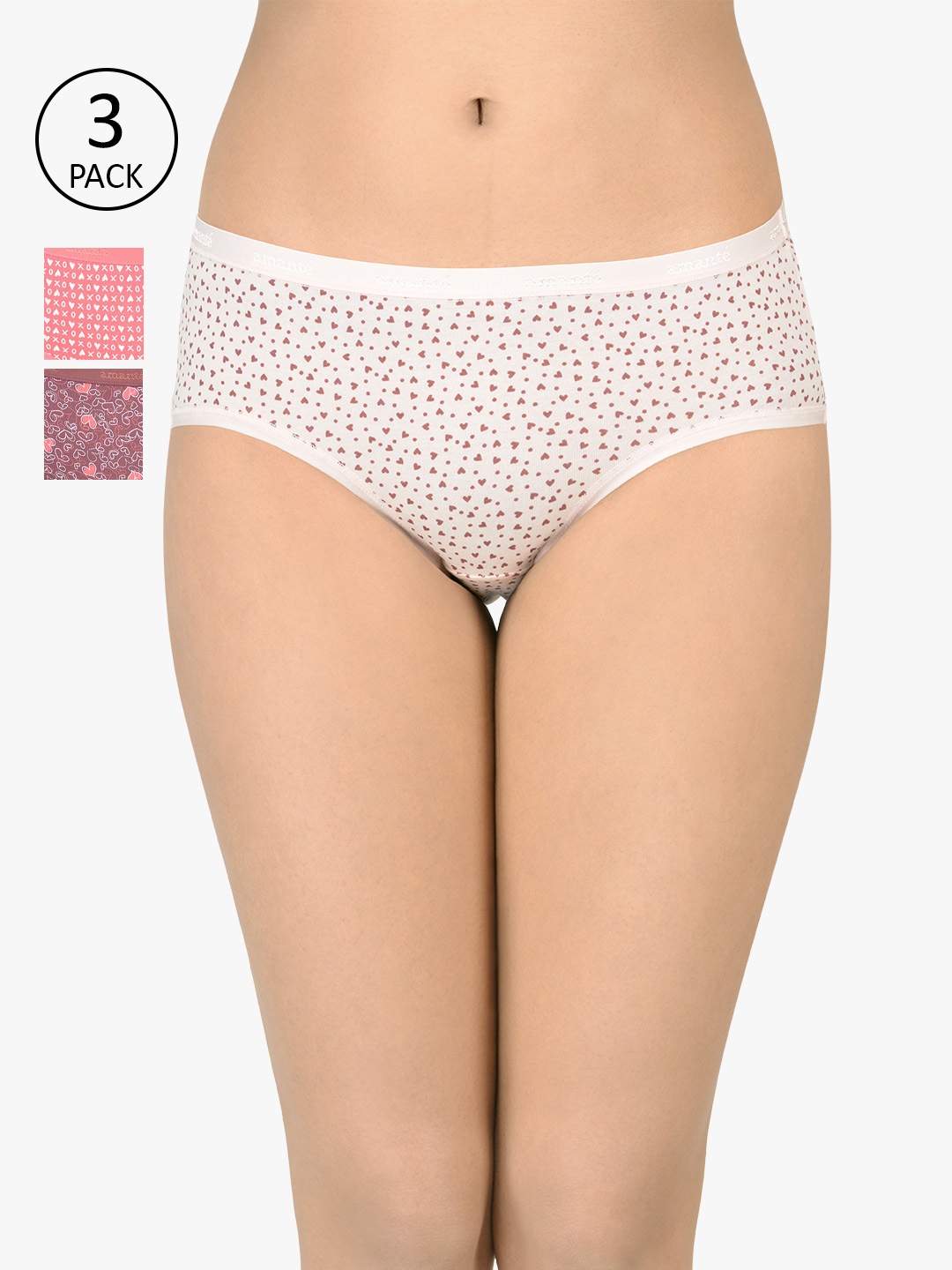 Amante Women Pack Of 3 Printed Low Rise Hipster Briefs PPK43101, Pink