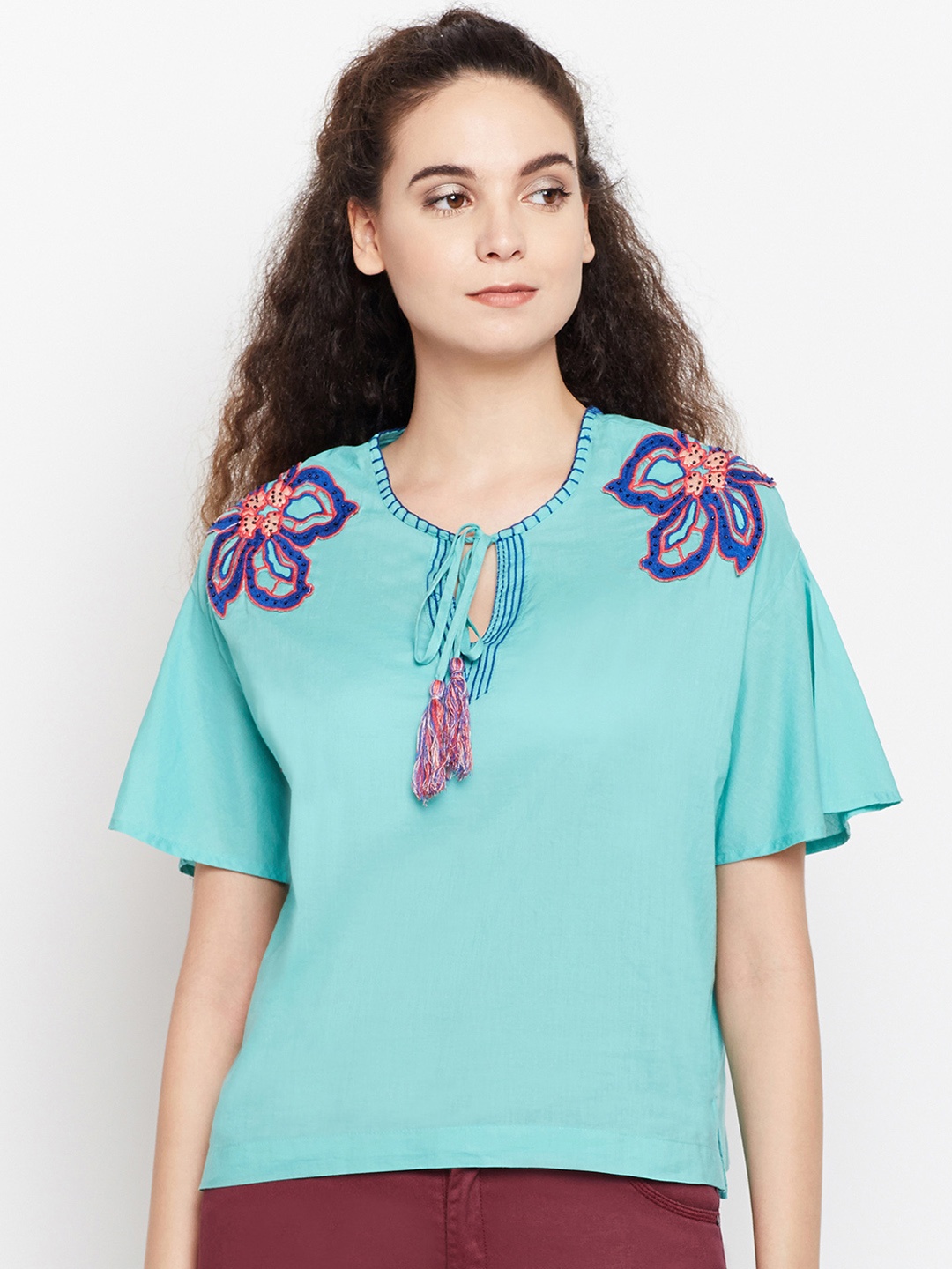 Oxolloxo Women Sea Green Self-Design Pure Cotton Top