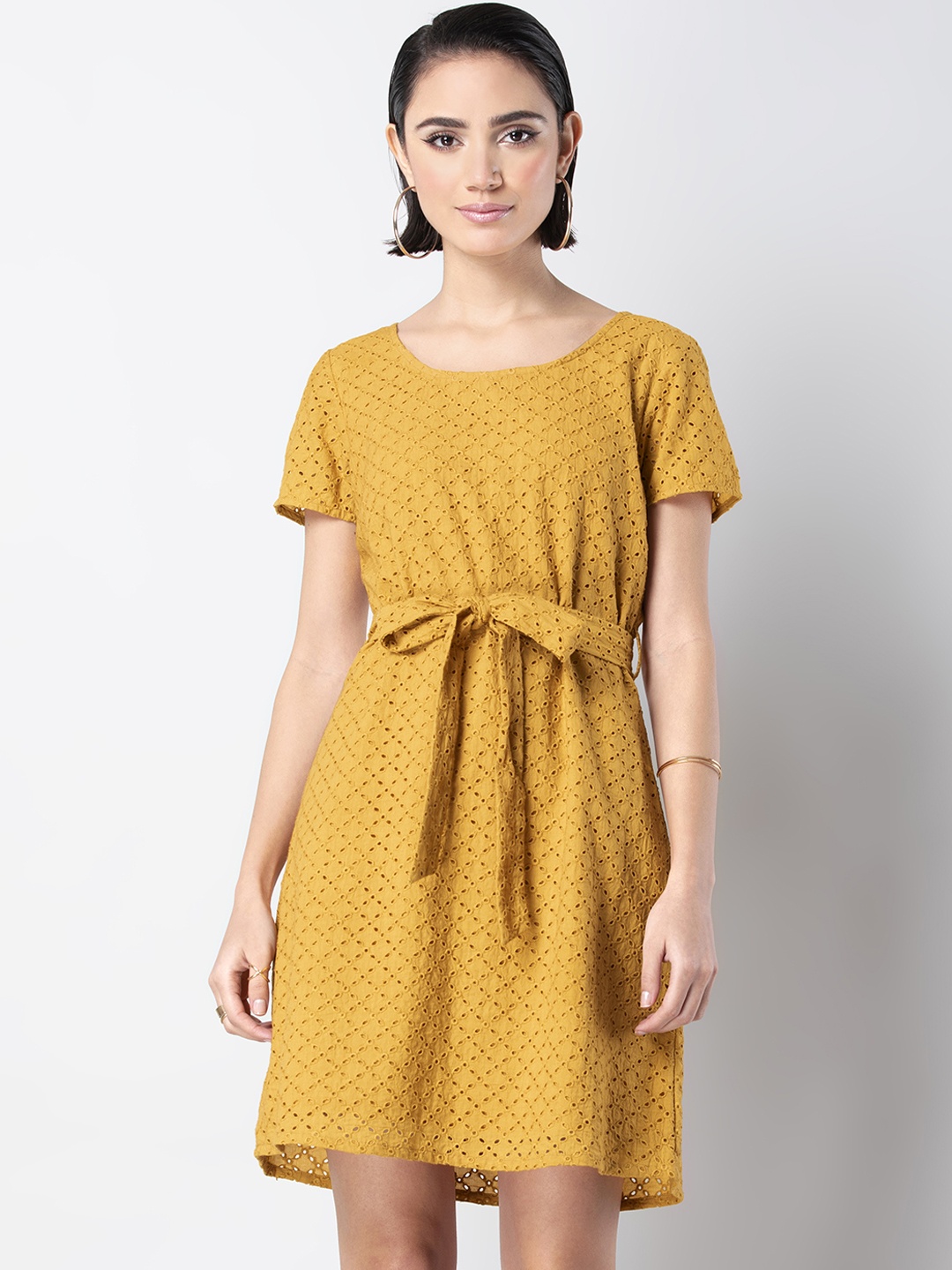 FabAlley Women Yellow Self Design A-Line Dress