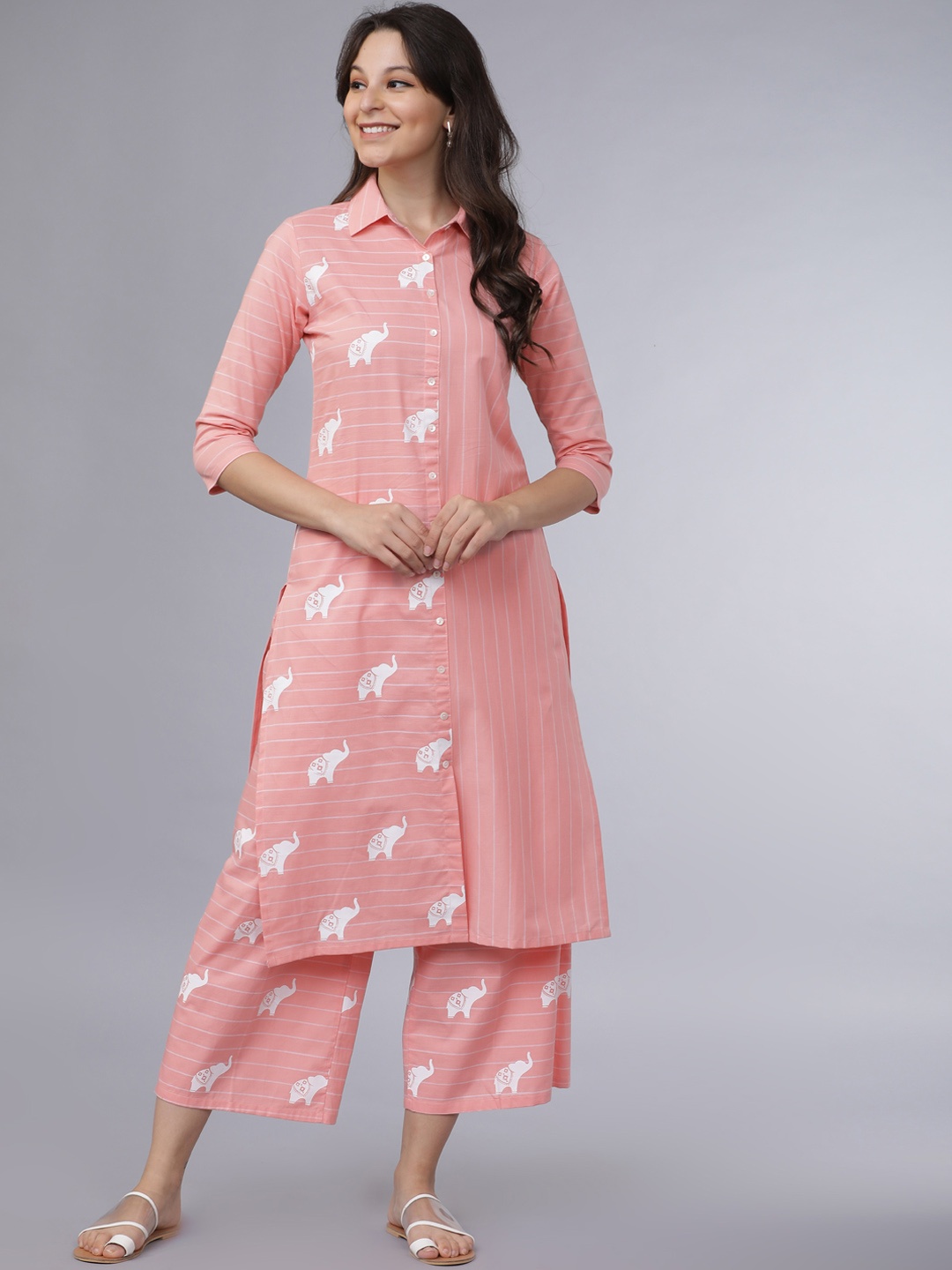 Vishudh Women Coral Pink & White Striped Kurta with Palazzos