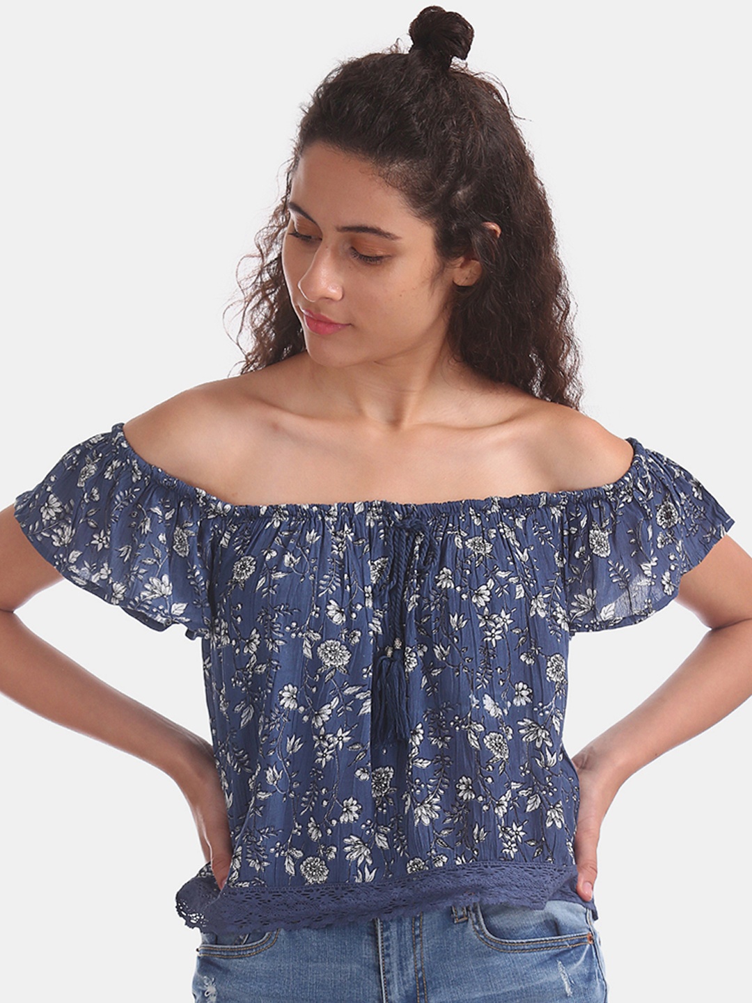 Aeropostale Women Blue & Off-White Printed Top
