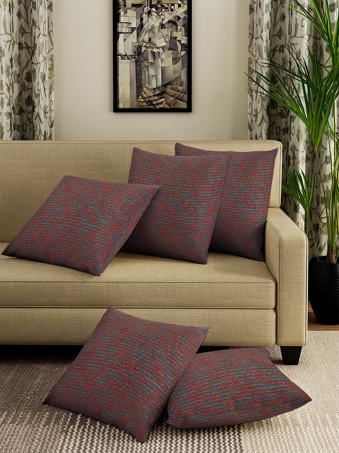 KLOTTHE Brown & Black Set of 5 Self Design Square Cushion Covers