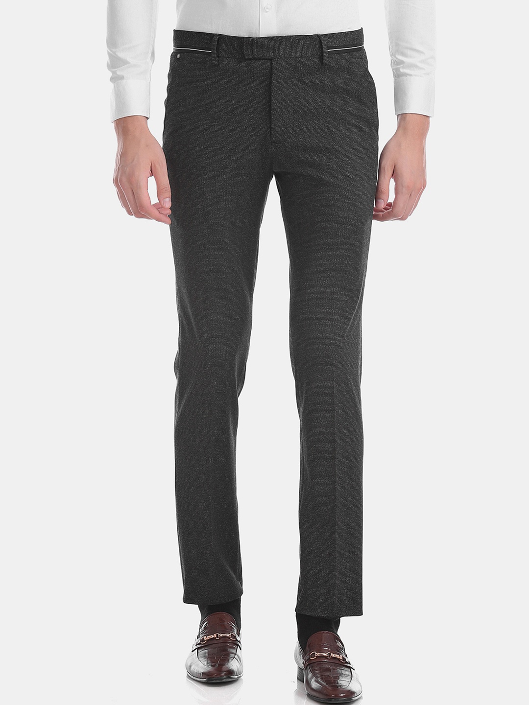 U.S. Polo Assn. Men Grey Super Slim Fit Self Design Regular Trousers