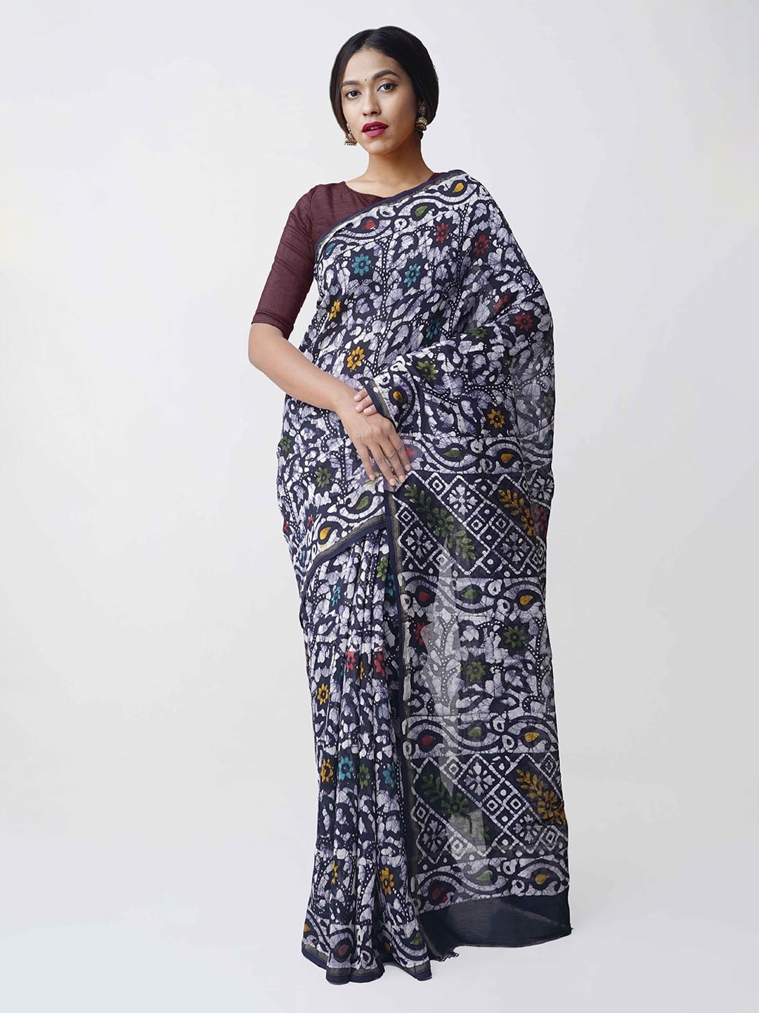 Unnati Silks Navy Blue & White Silk Cotton Batik Print Chanderi Saree
