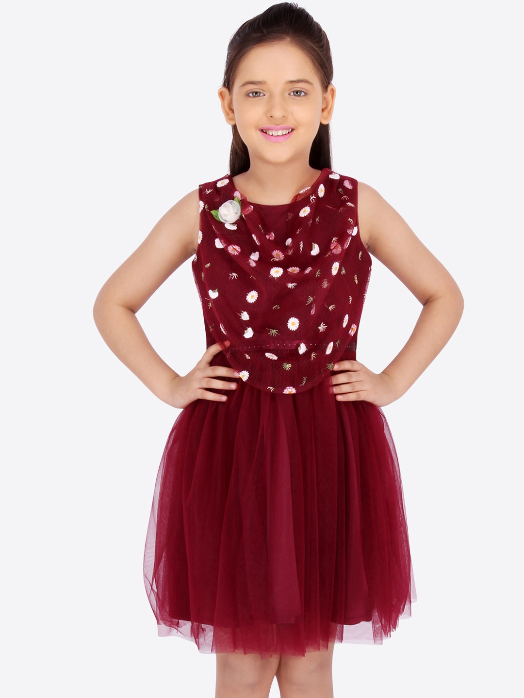 CUTECUMBER Girls Maroon & Off-White Floral Print Fit and Flare Dress