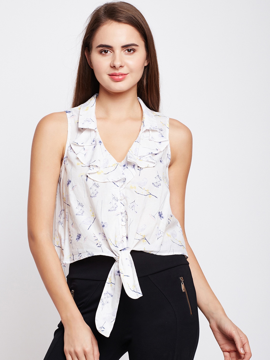Oxolloxo Women White & Blue Regular Fit Printed Casual Crop Shirt