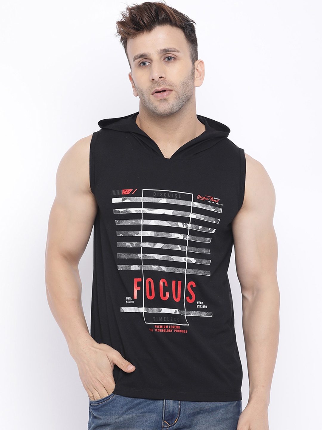 CHKOKKO Men Black Printed Hood T-shirt