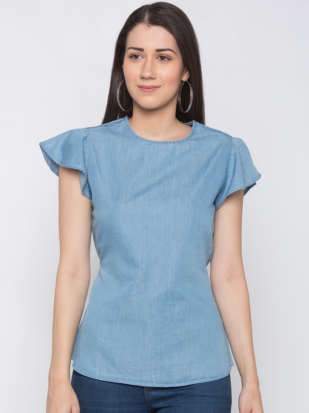 Globus Women Blue Solid Pure Cotton Top