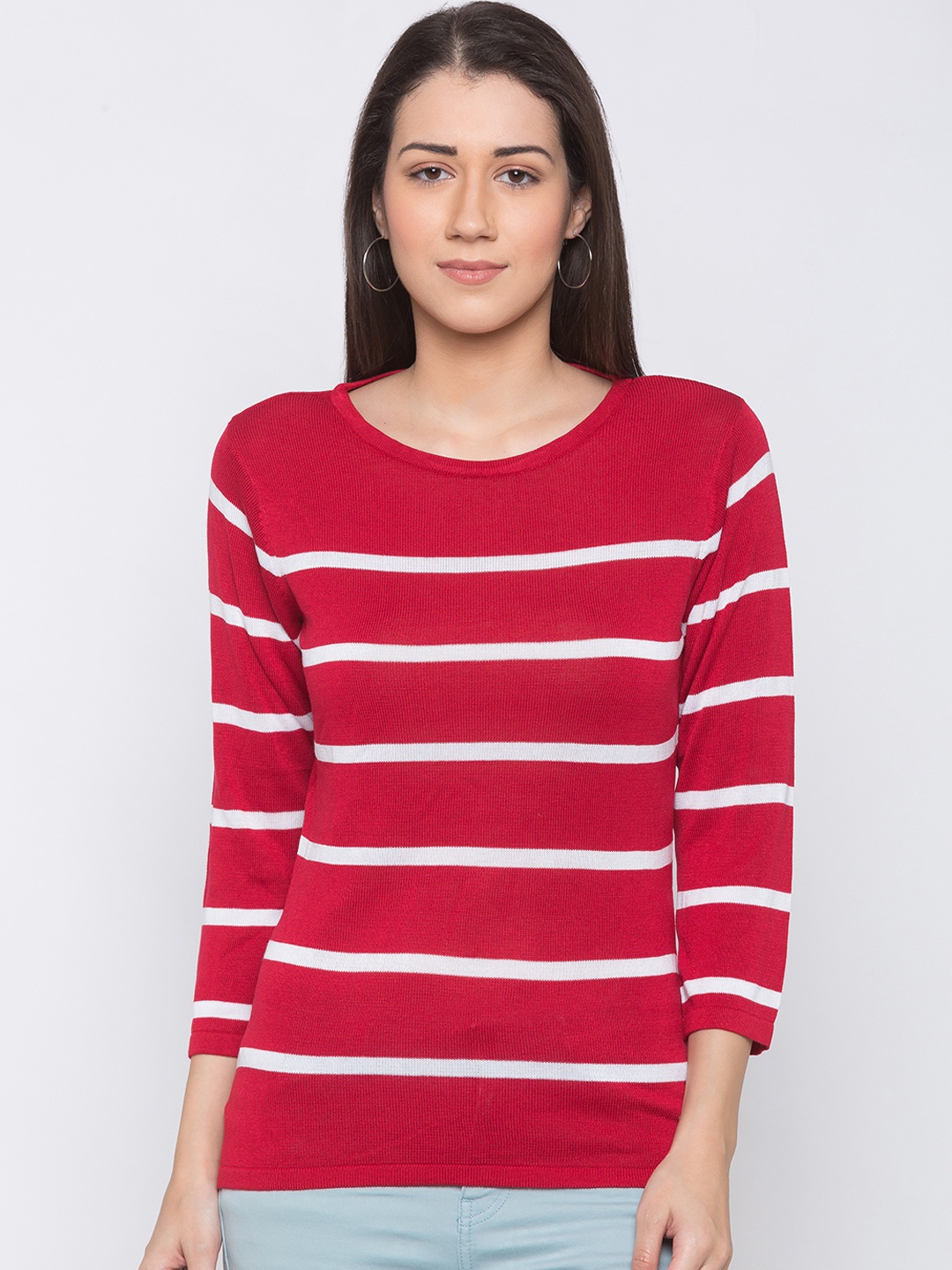 Globus Women Red & White Striped Knitted Pure Cotton Top