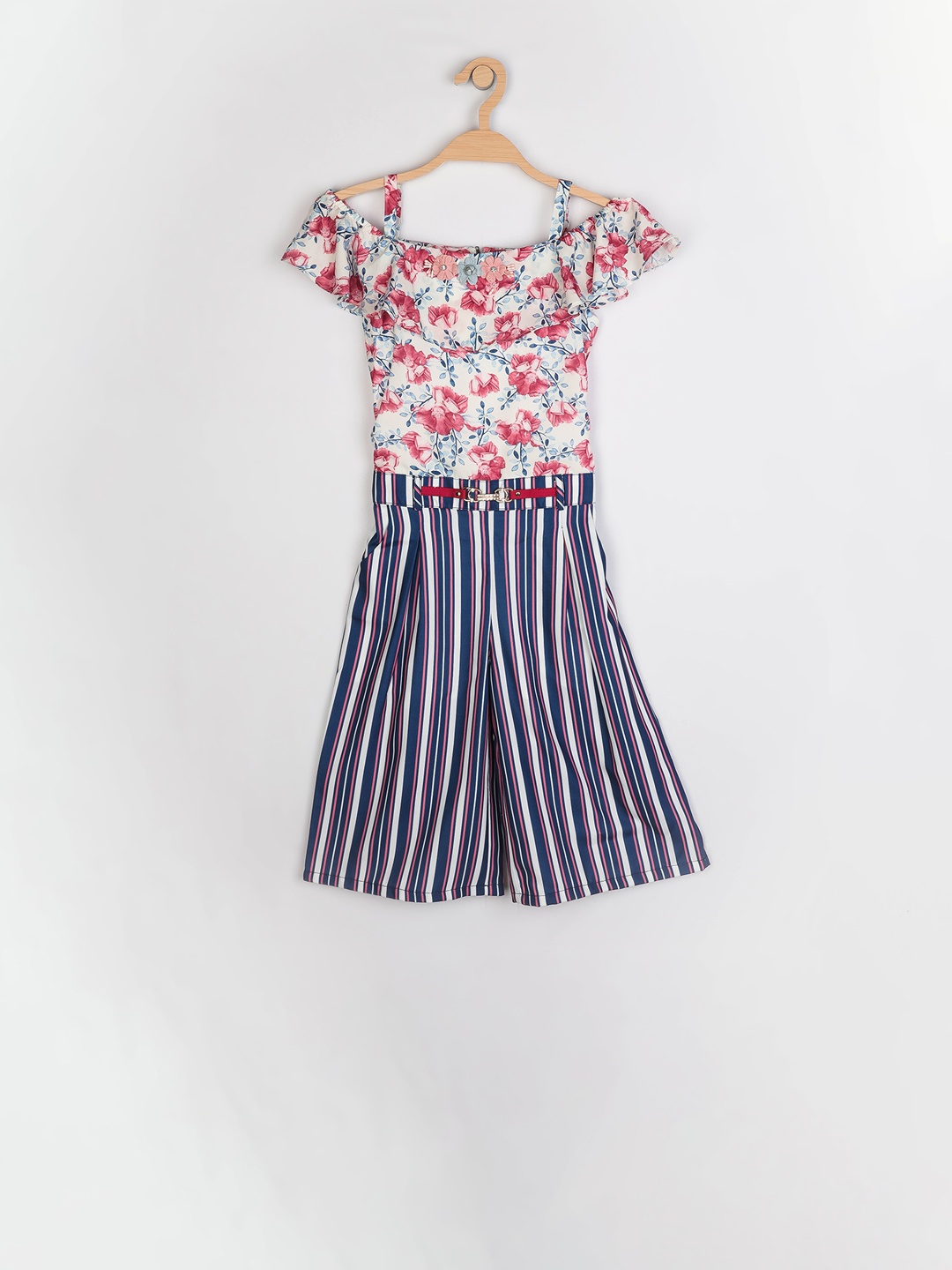 Peppermint Girls White & Pink Printed Basic Jumpsuit