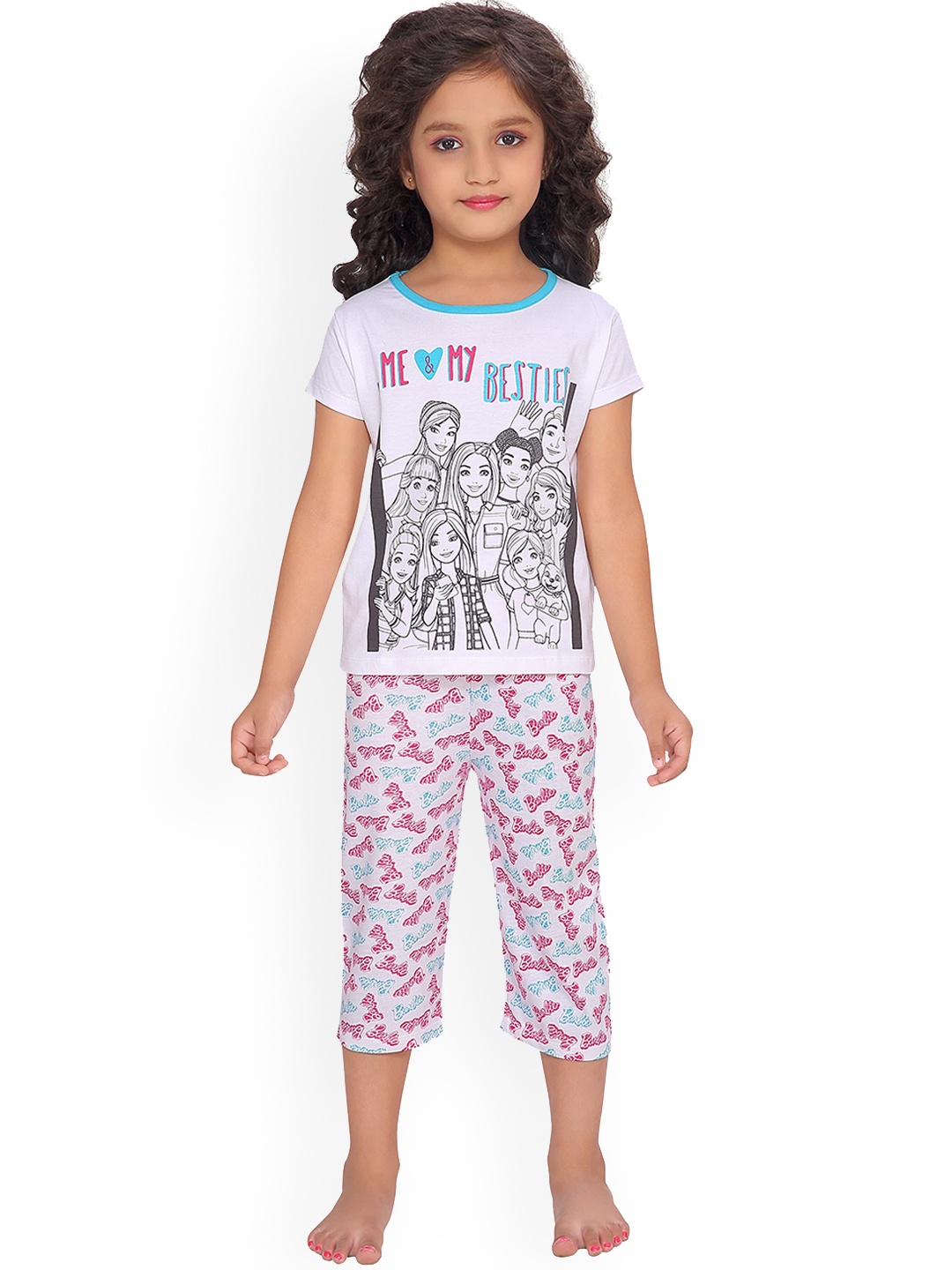 Barbie Girls White & Pink Printed Night suit