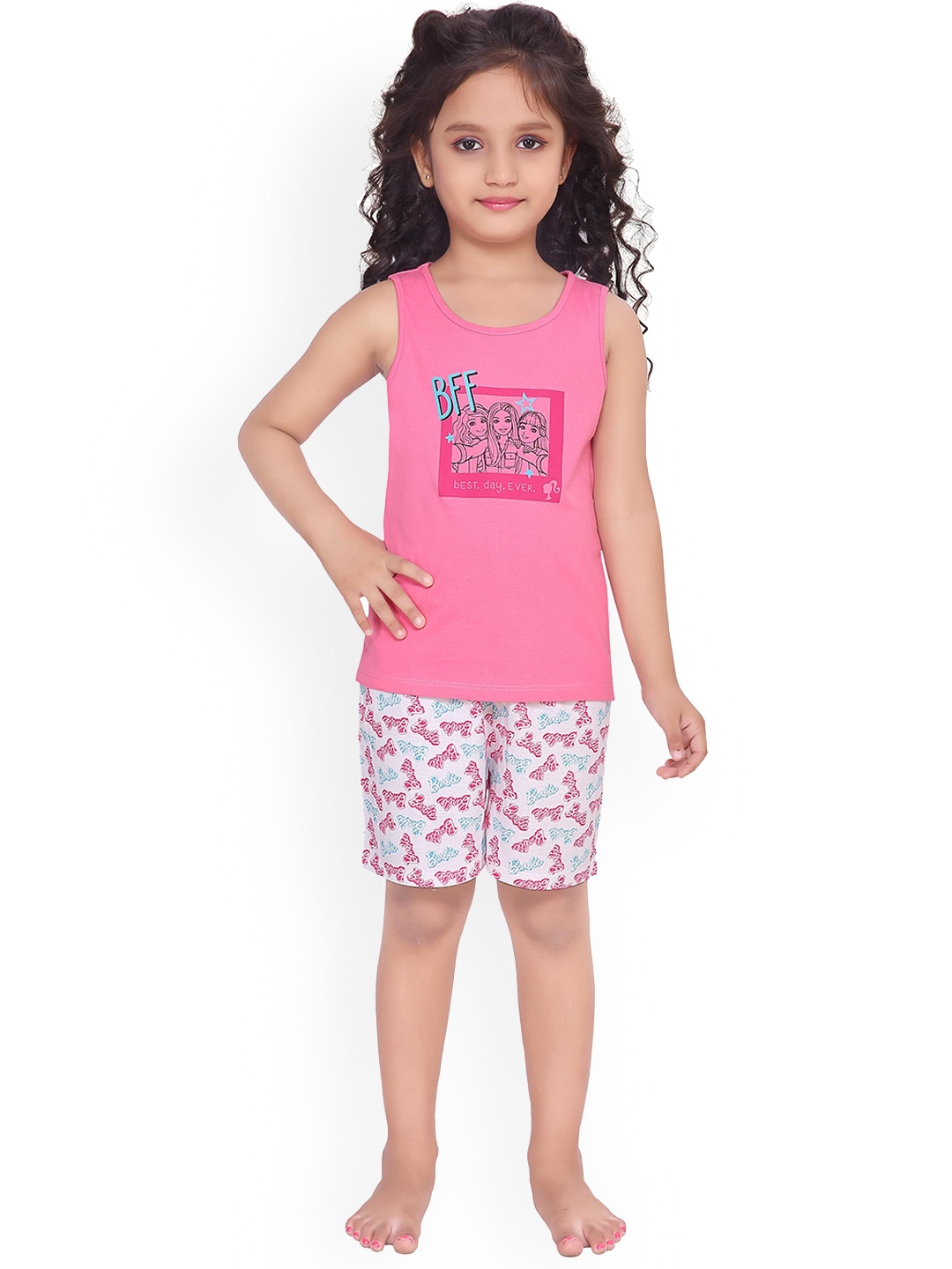 Barbie Girls Pink & White Printed Night Suit