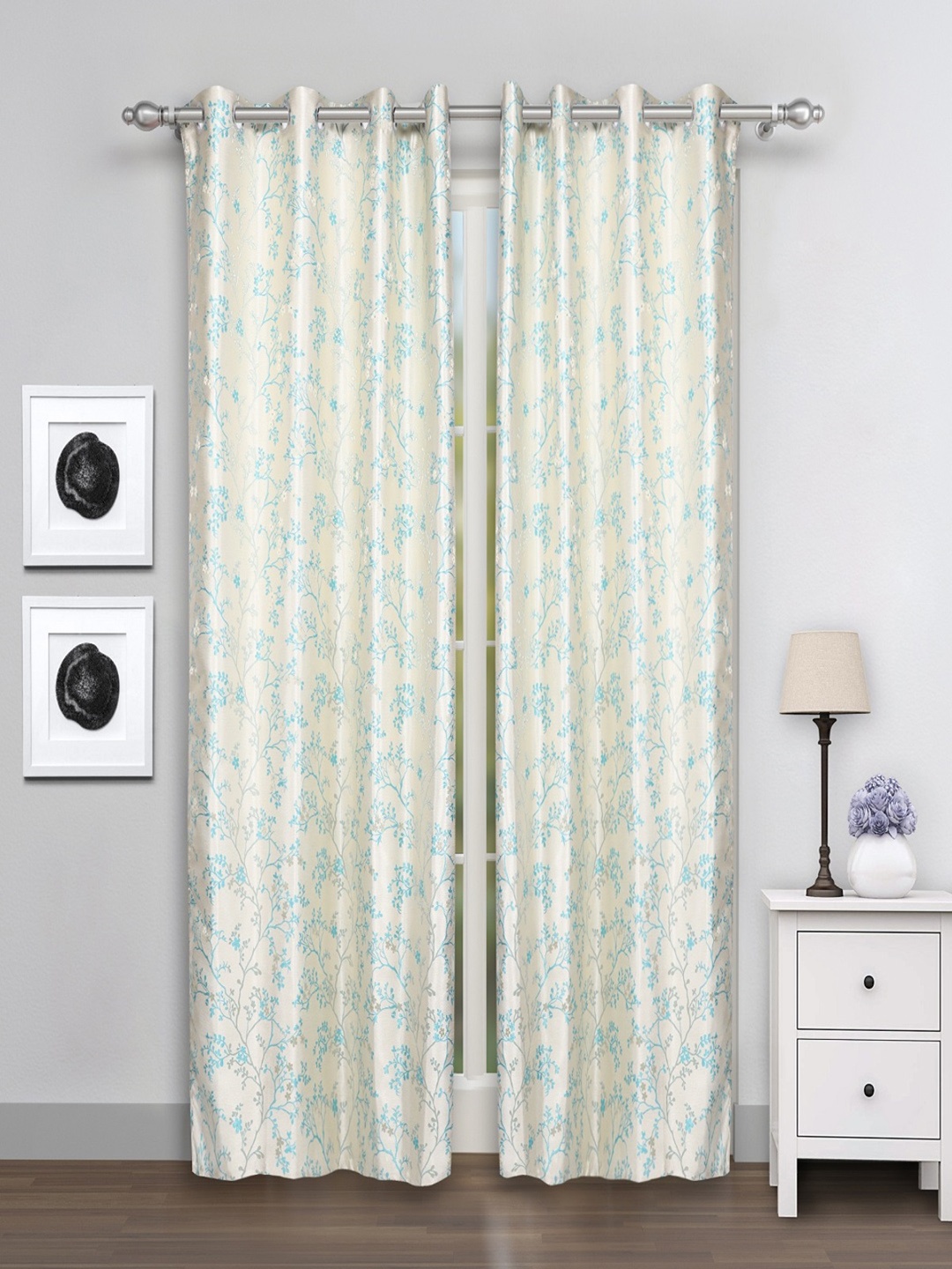 ROMEE Off-White & Blue Printed Set of 2 Door Curtains