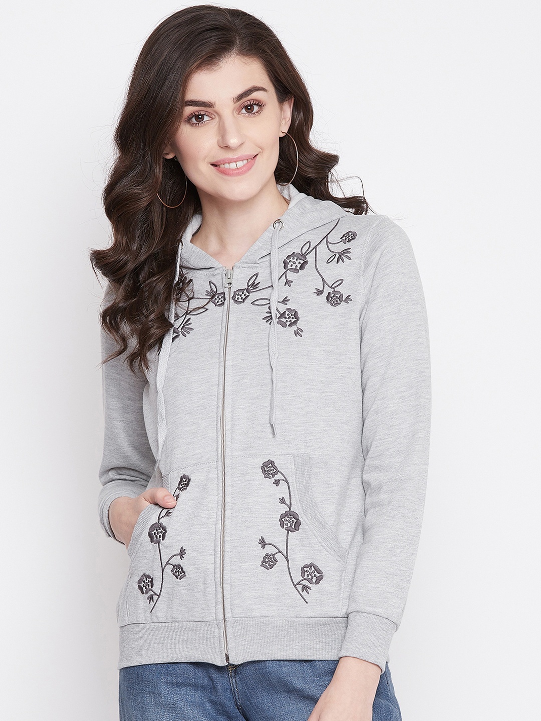 PERFKT-U Women Grey Embroidered Hooded Sweatshirt