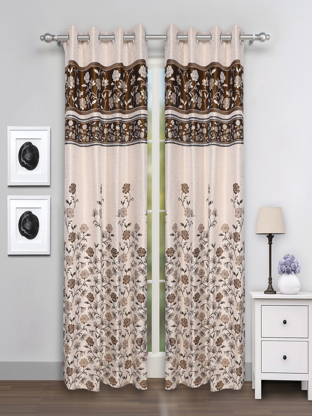 ROMEE Set of 2 Beige & Brown Room Darkening Door Curtains