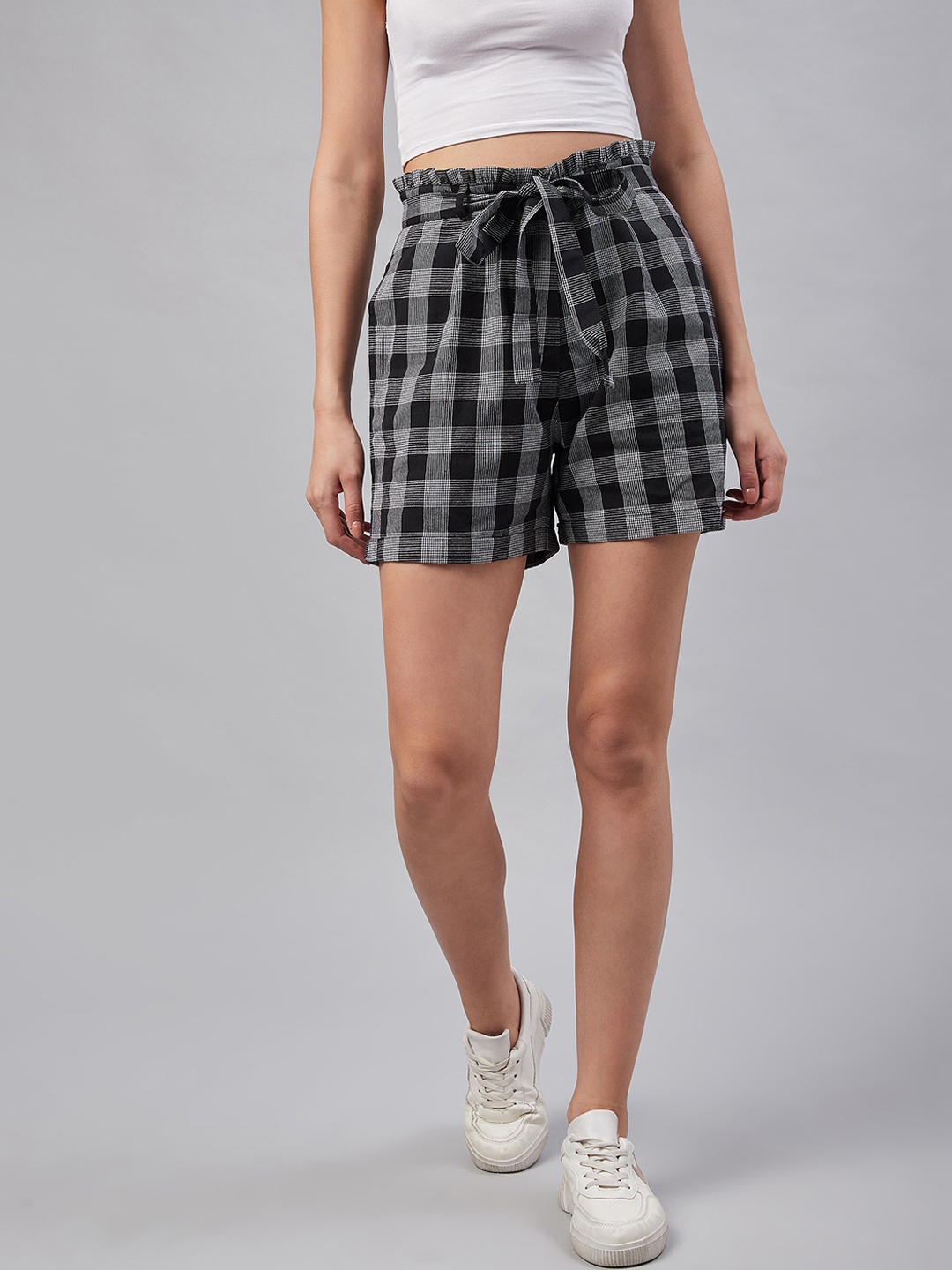 Marie Claire Women Black & Grey Checked Regular Fit Regular Shorts