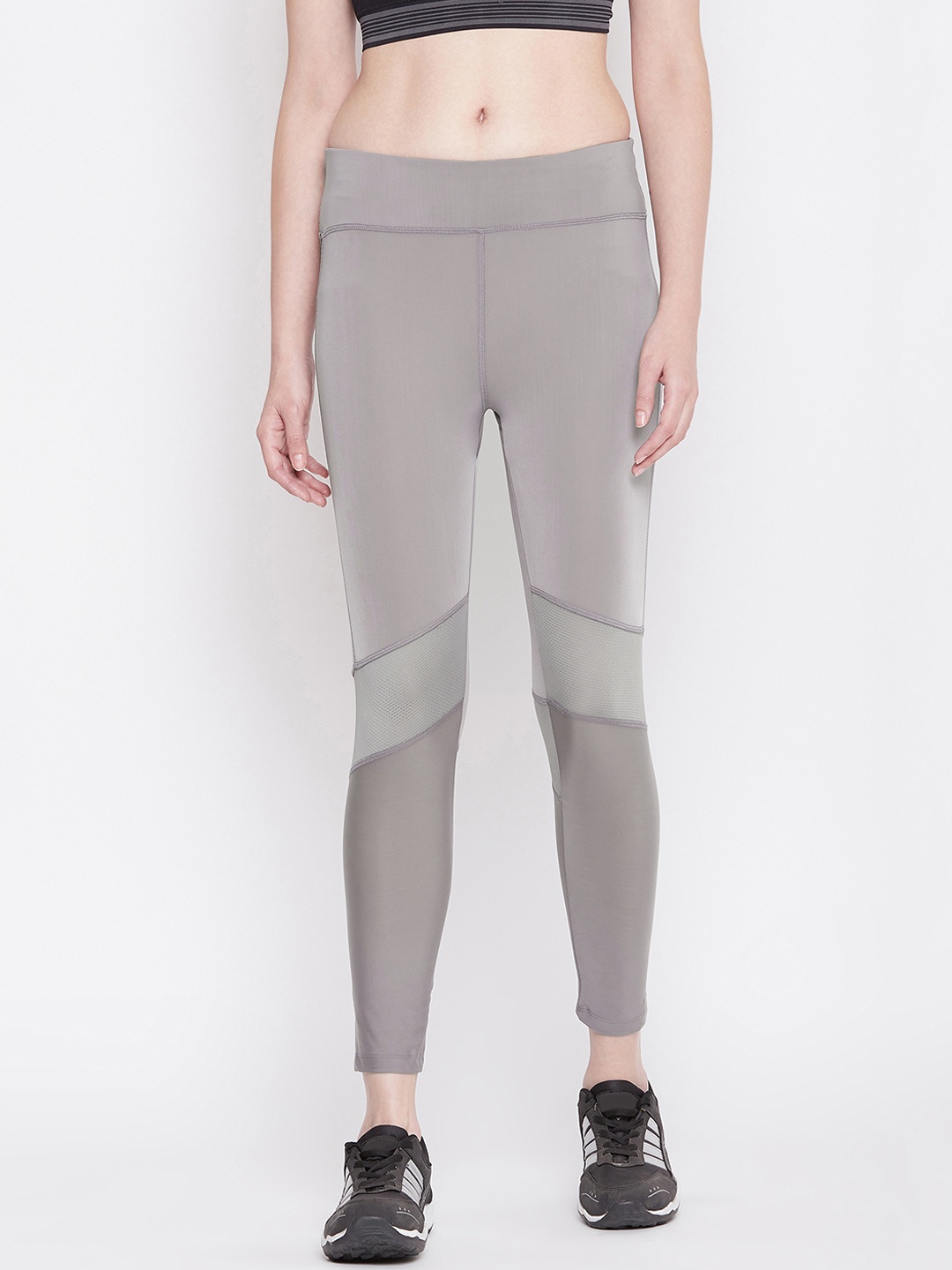 Women Black Solid Straight-Fit Panelled Training Tights, Grey