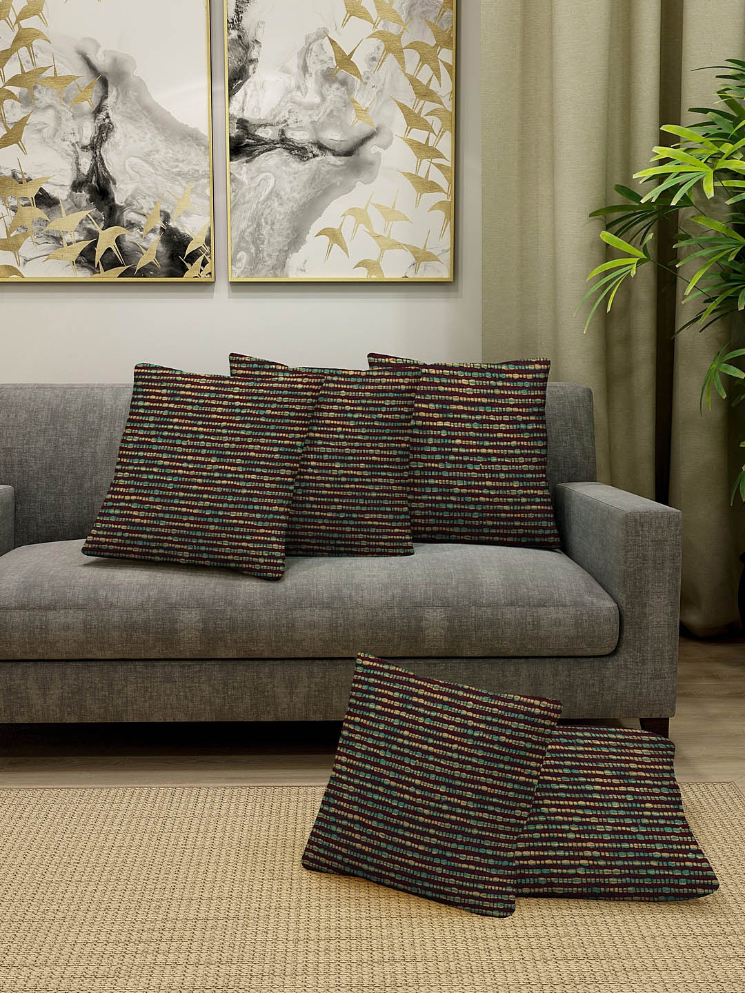 KLOTTHE Set Of 5 Green & Yellow Striped Floor Cushions