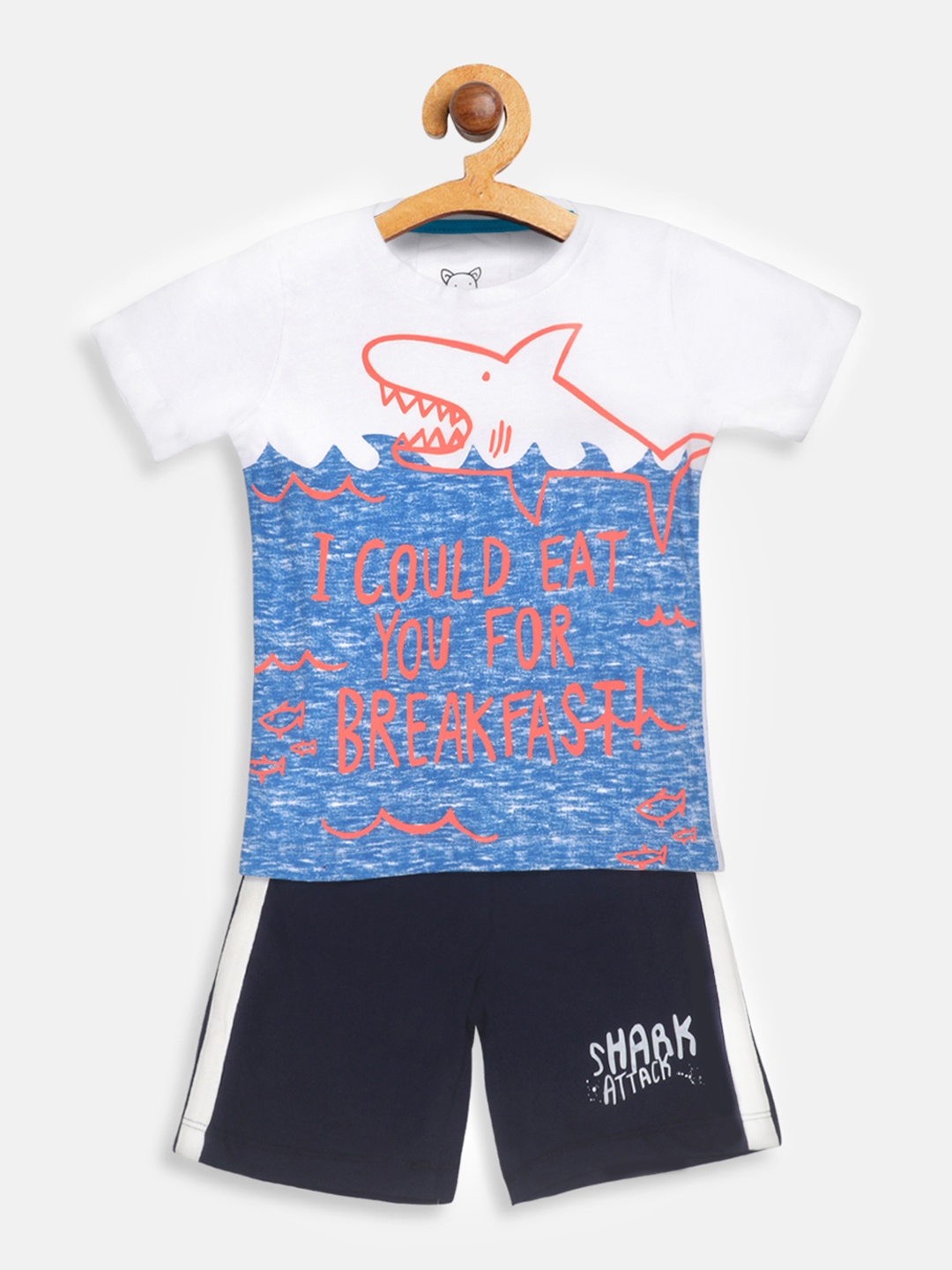 Lazy Shark Boys White & Blue Printed T-shirt with Shorts