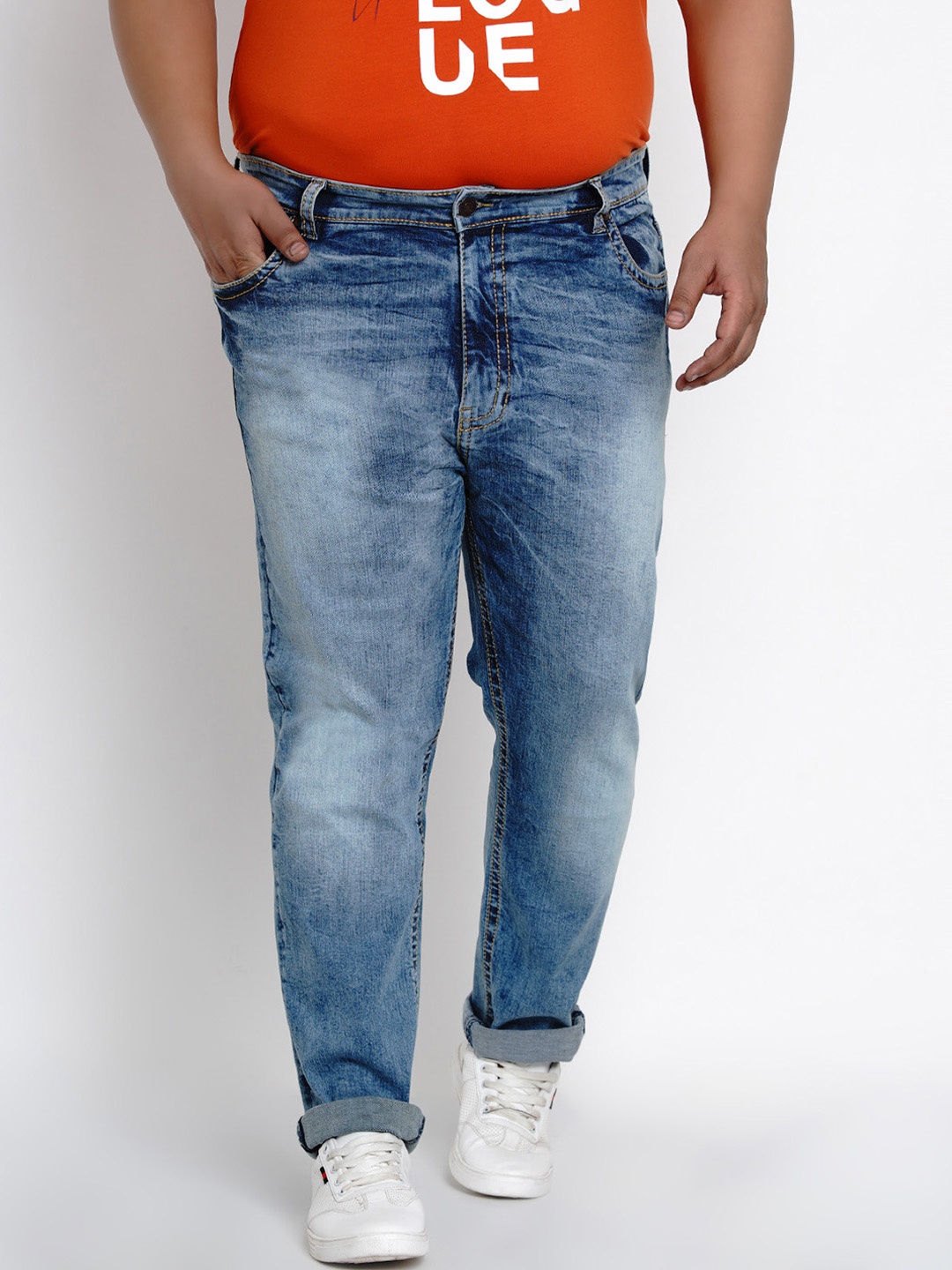 Plus Size Men Blue Tapered Fit Mid-Rise Clean Look Stretchable Jeans