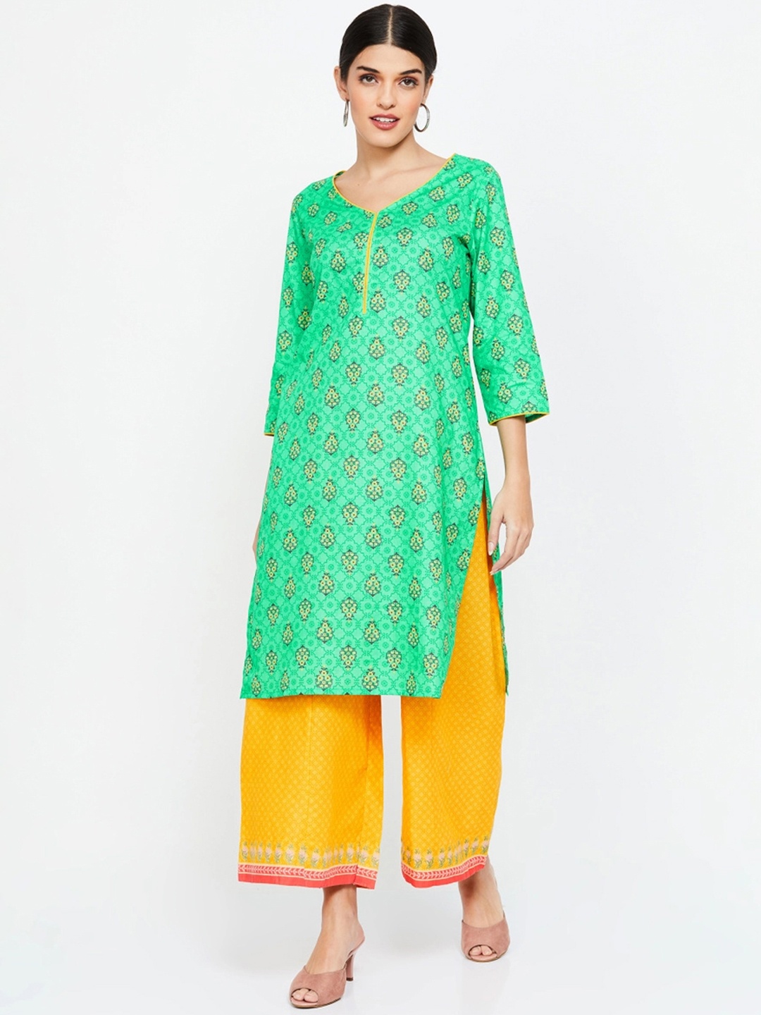 Melange by Lifestyle Women Green & Yellow Printed A-Line Kurta