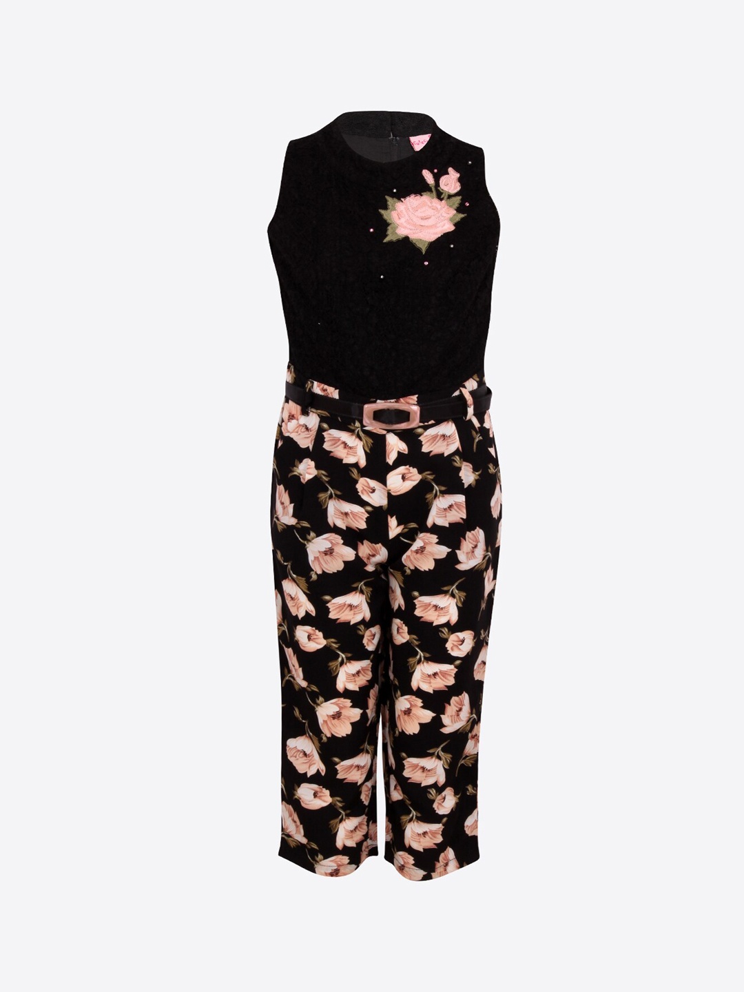 CUTECUMBER Girls Black & Pink Printed Culotte Jumpsuit