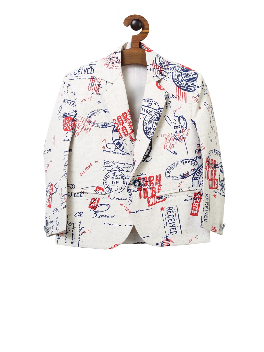 RIKIDOOS Boys Off-White & Blue Printed Single-Breasted Casual Blazer