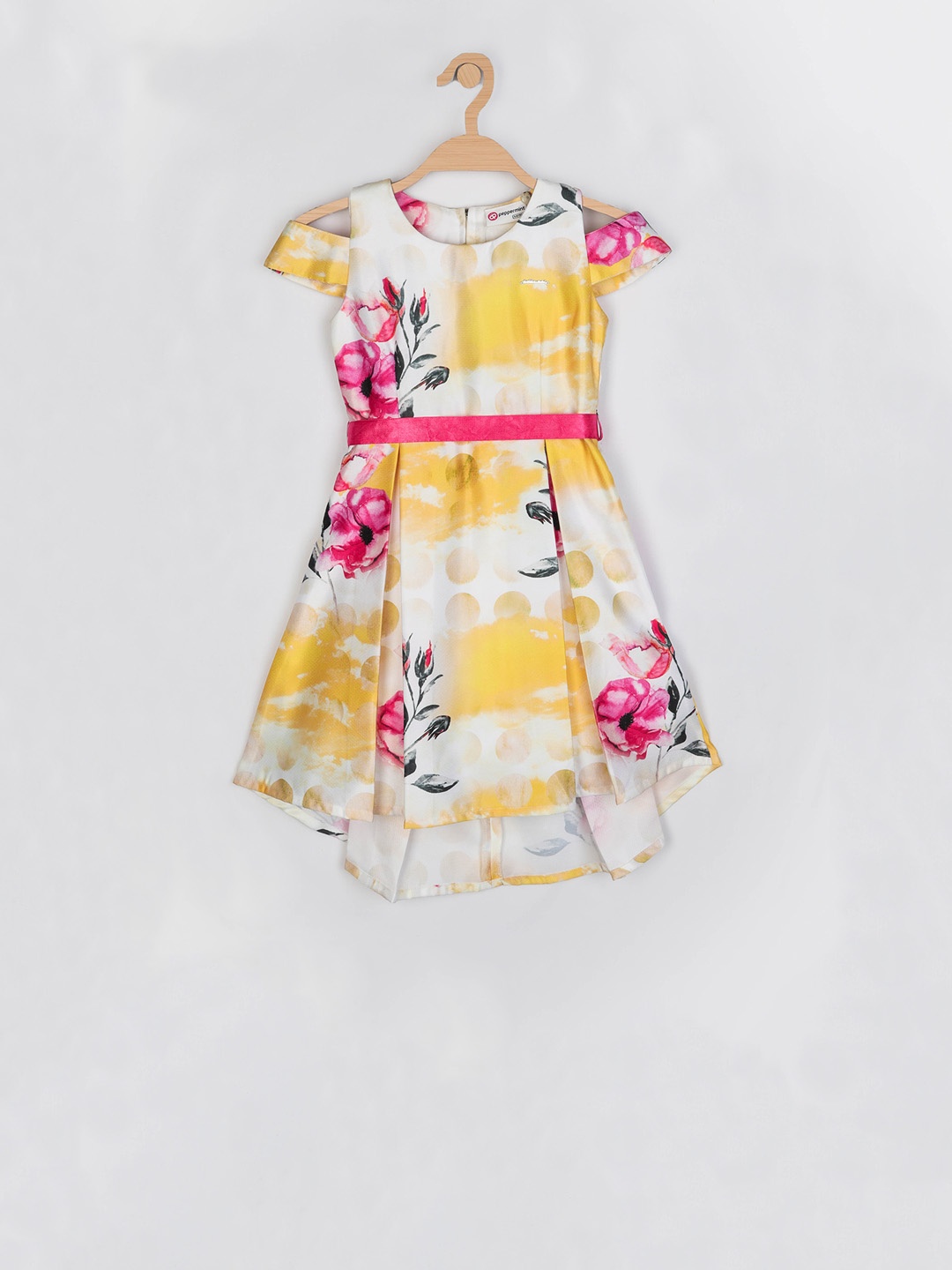 Peppermint Girls Yellow & White Floral Printed Fit & Flared Dress