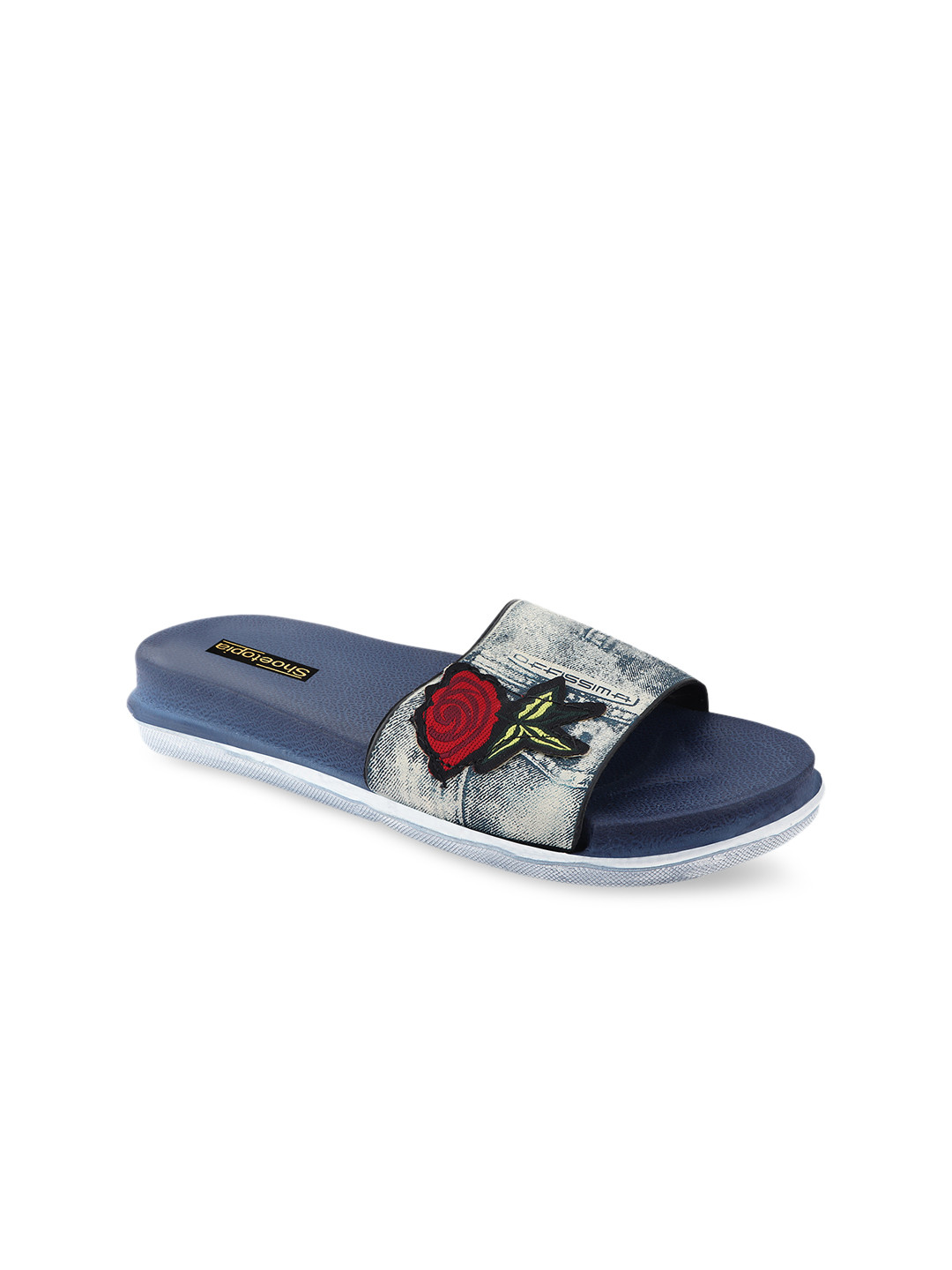 Shoetopia Women Blue Printed Appliqued Sliders 
Shoetopia Women Blue Printed Appliqued Sliders