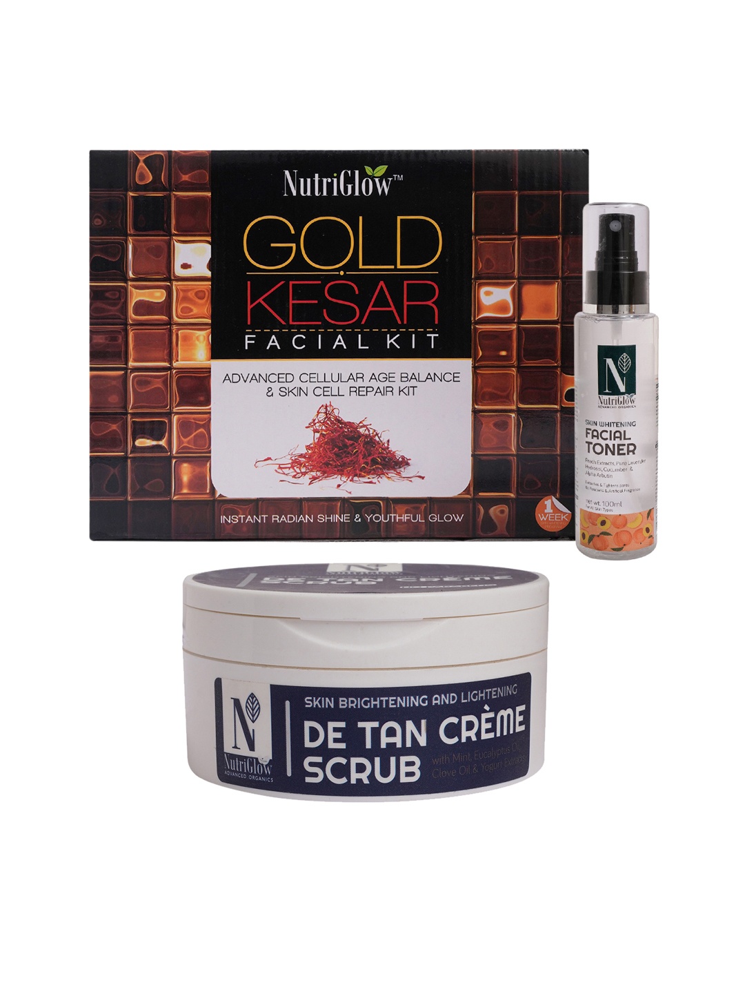 NutriGlow Gold Kesar Facial Kit 250m+10ml+Skin Whitening Toner 100ml+De Tan Scrub 200g, Multi
NutriGlow Gold Kesar Facial Kit 250m+10ml+Skin Whitening Toner 100ml+De Tan Scrub 200g, Multi