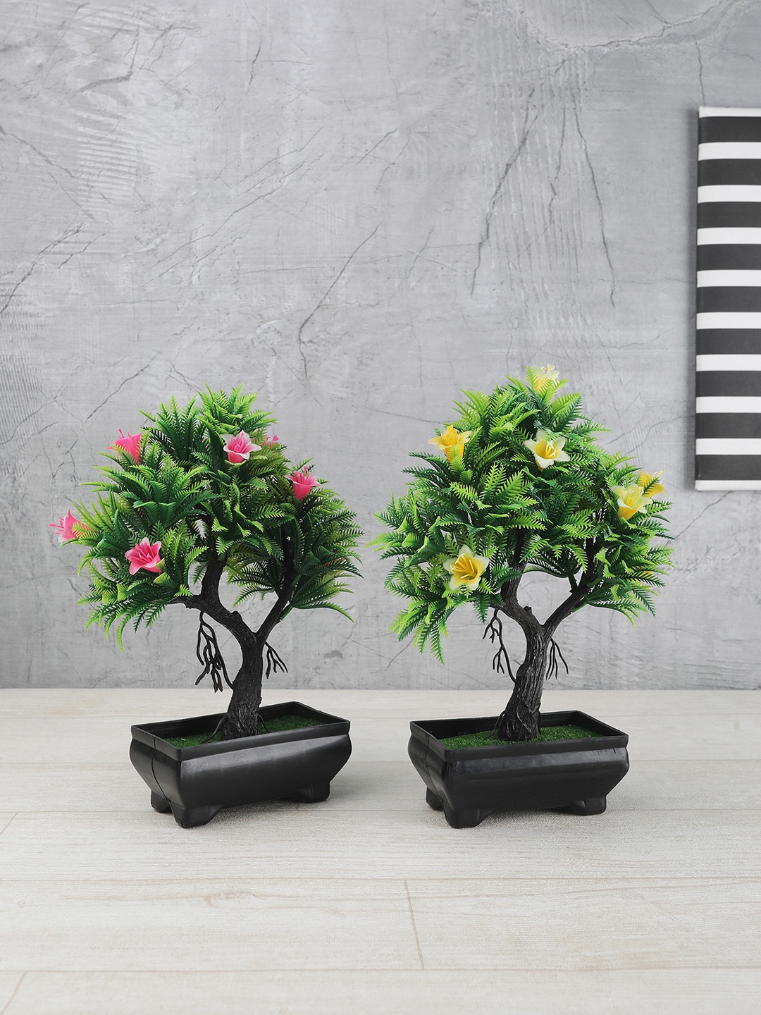 FOLIYAJ Set Of 2 Green & Yellow Artificial Y Shaped Bonsai Trees With Fern Leaves Flowers & Black Pots
FOLIYAJ Set Of 2 Green & Yellow Artificial Y Shaped Bonsai Trees With Fern Leaves Flowers & Black Pots