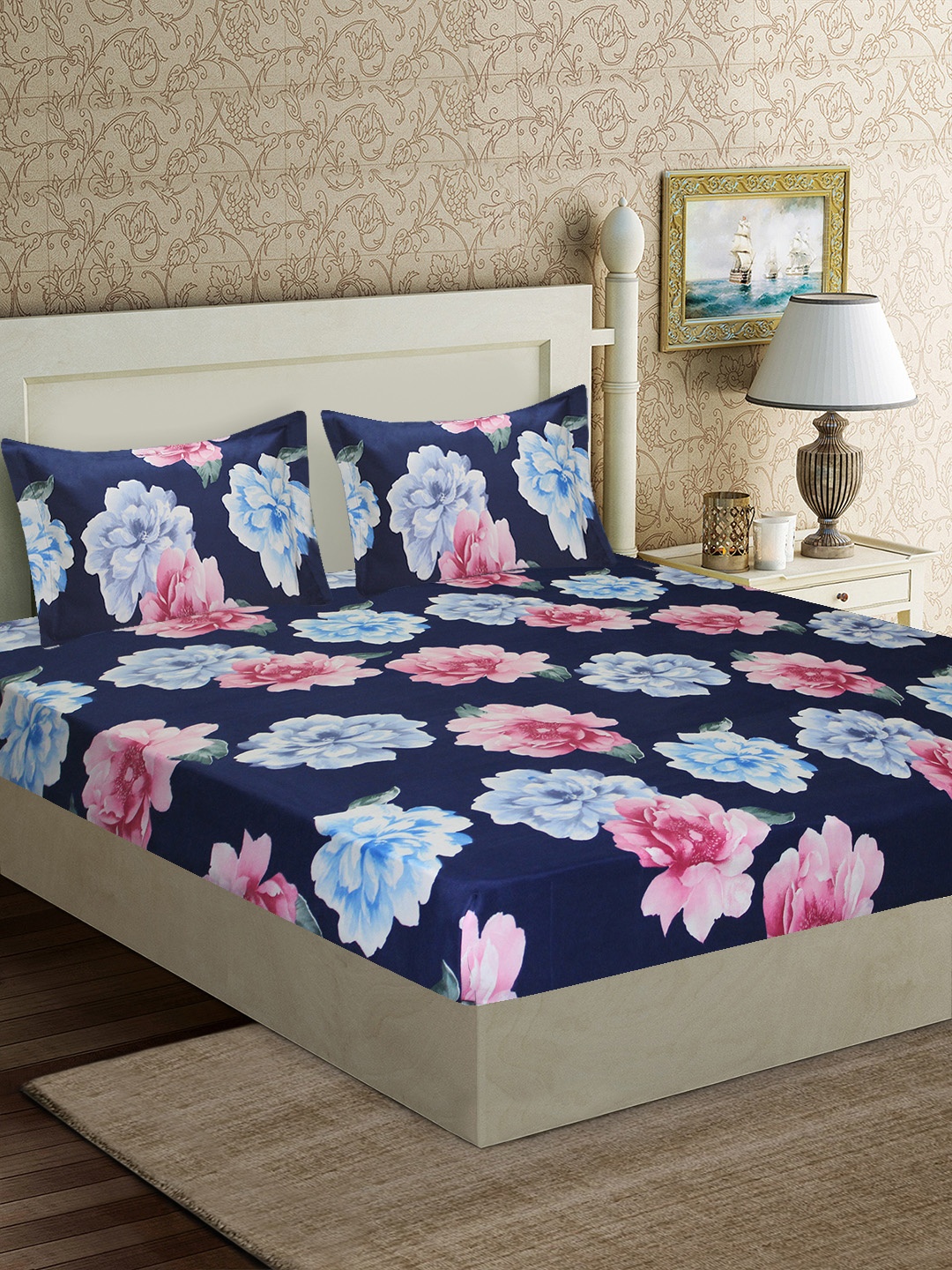 Good Homes by Home Candy Navy Blue & Pink Floral 152 TC Polyester 1 Queen Bedsheet with 2 Pillow Covers
Good Homes by Home Candy Navy Blue & Pink Floral 152 TC Polyester 1 Queen Bedsheet with 2 Pillow Covers