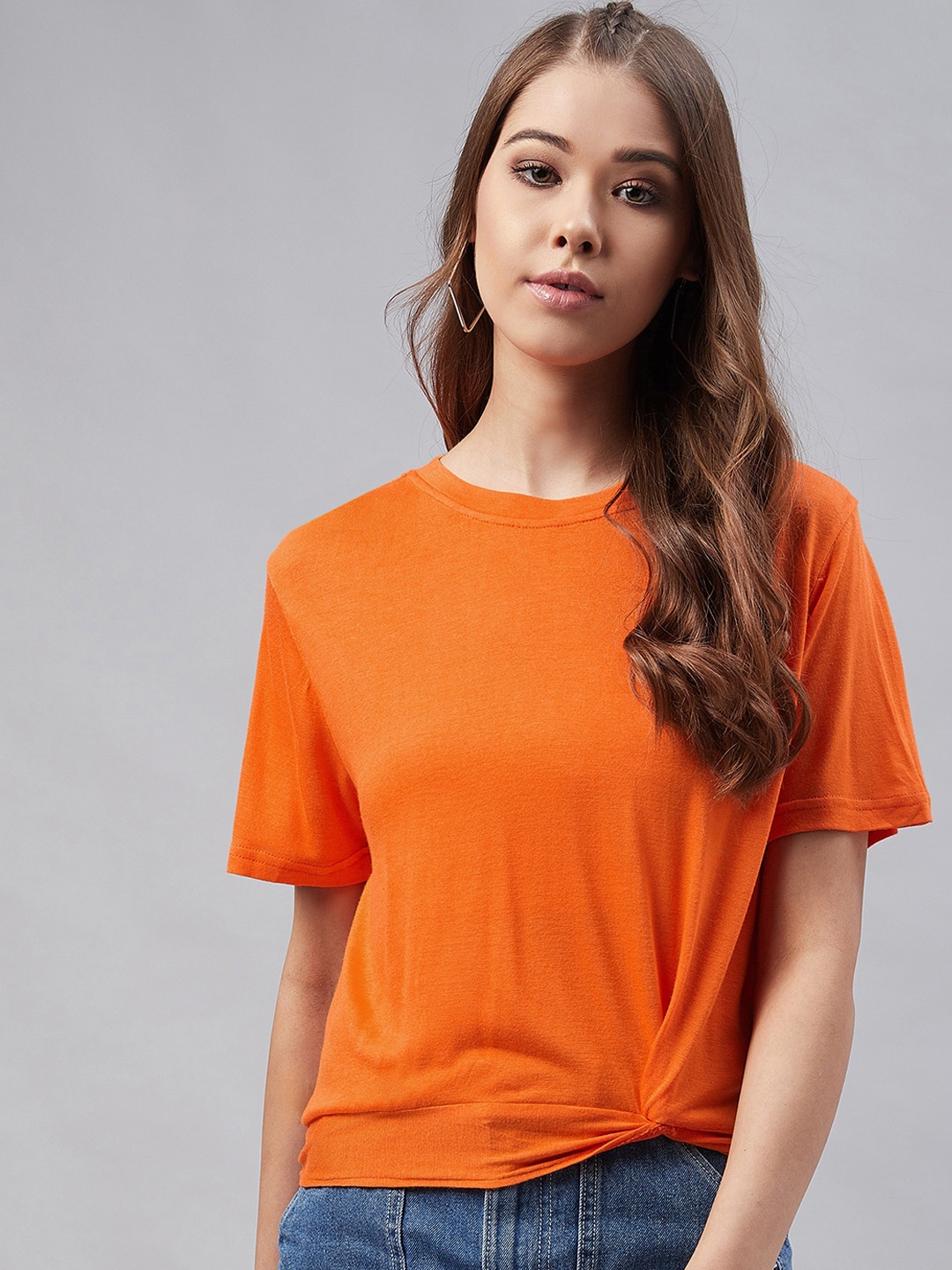 Marie Claire Women Orange Solid Round Neck T-shirt